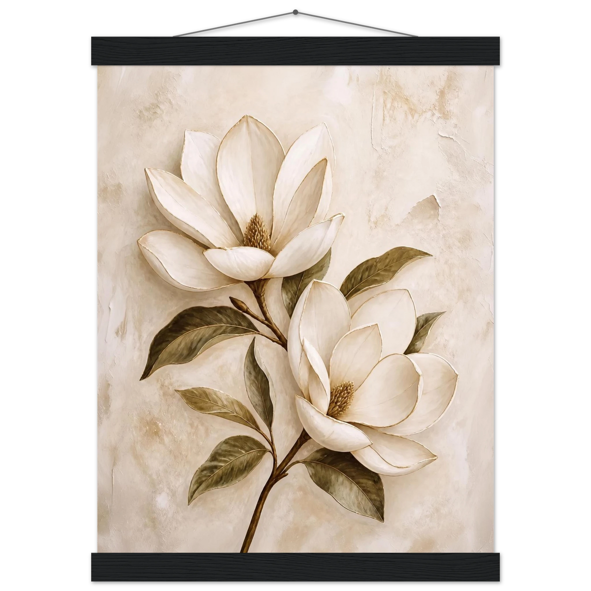 Gilded Magnolia: flowers and botanical. Fine art poster, alternate frame and size.