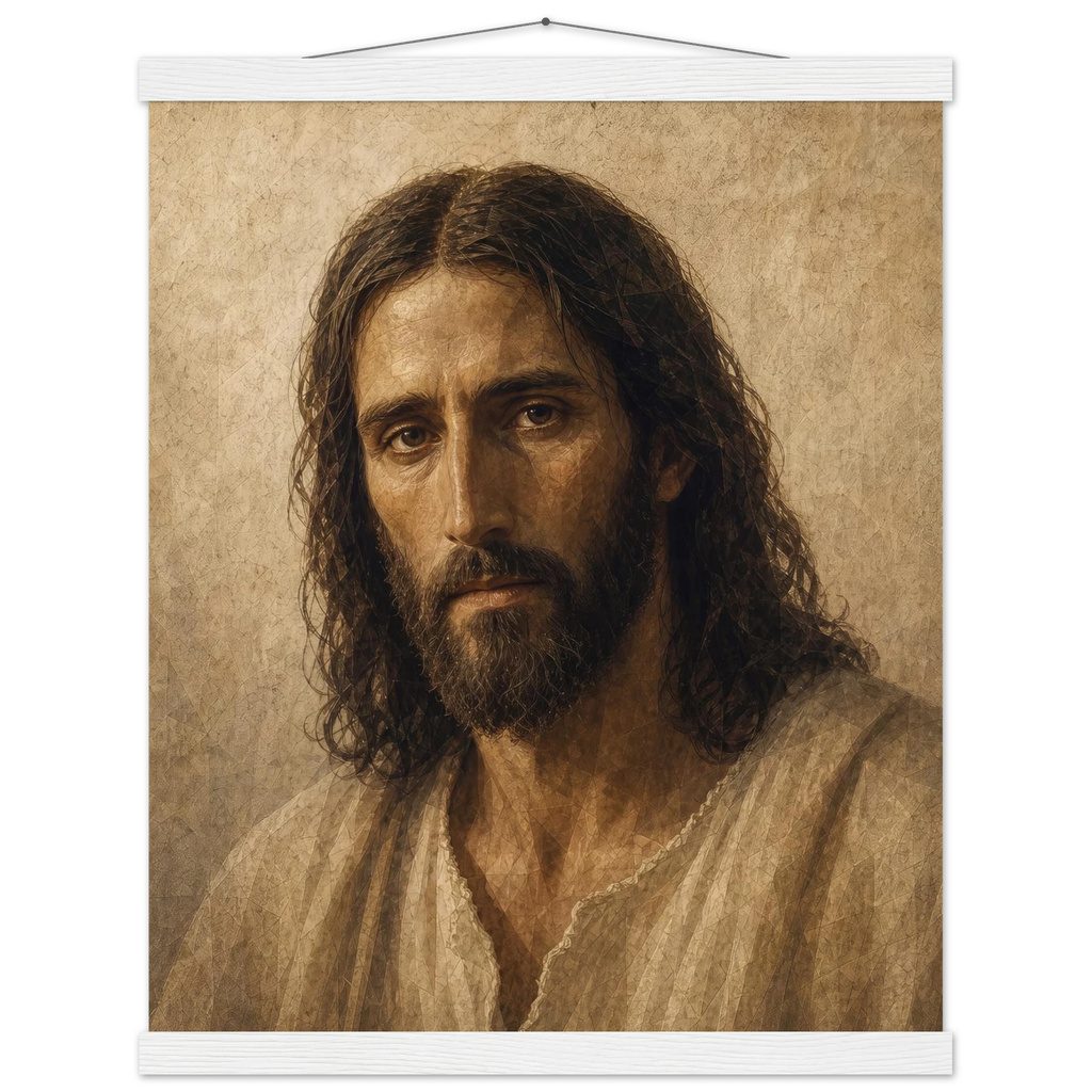 Pôster Kind Eyes com suporte de madeira, retrato sereno de Jesus em luz quente