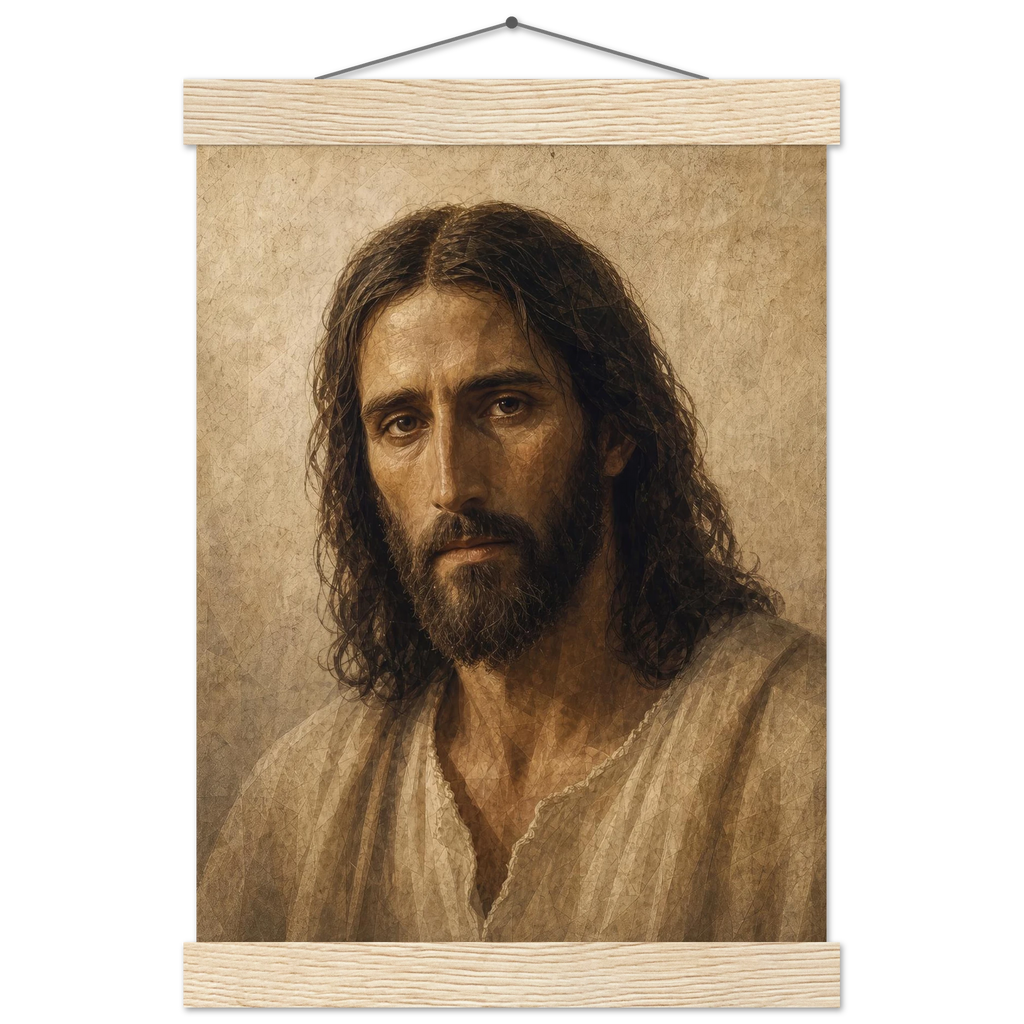 Pôster Kind Eyes com suporte de madeira, retrato sereno de Jesus em luz quente