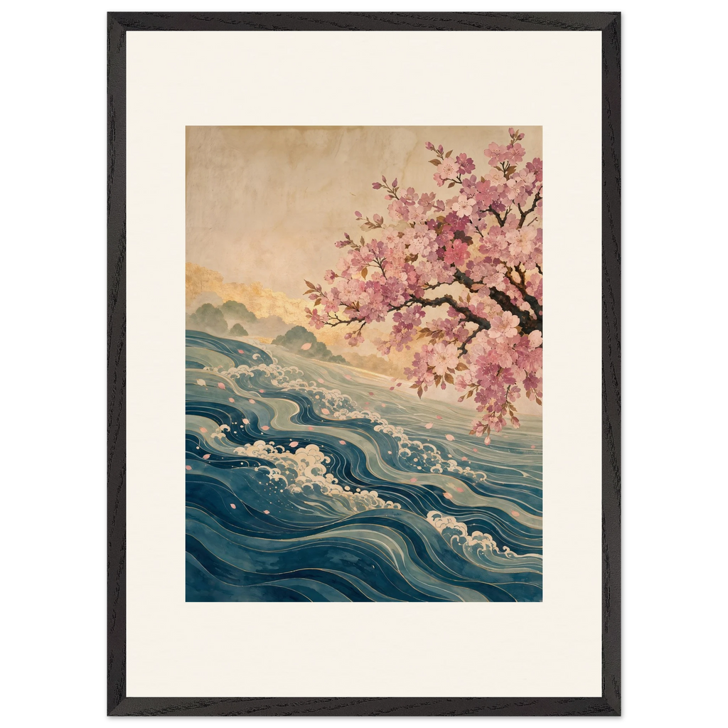 Blossom Tide: japanese art, cherry blossom and wave. Museum-quality framed fine art print.