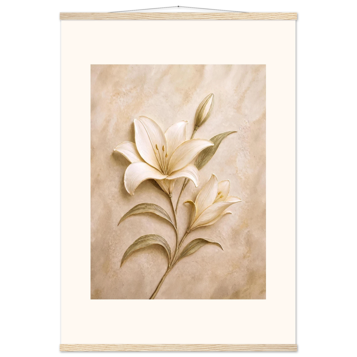 Alabaster Lily, flowers and botanical. Archival fine art poster shown framed.