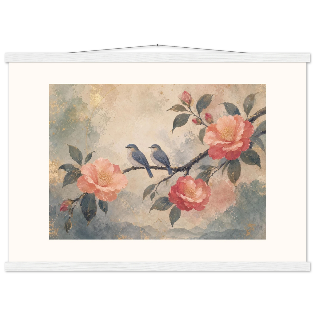 Camellia Birds: flowers and botanical. Museum-quality fine art poster.