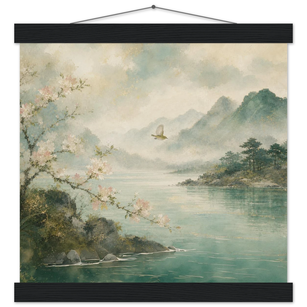 Celadon Flight: birds, japanese landscape and japandi. Fine art poster with wooden hanger by The Light Stays.