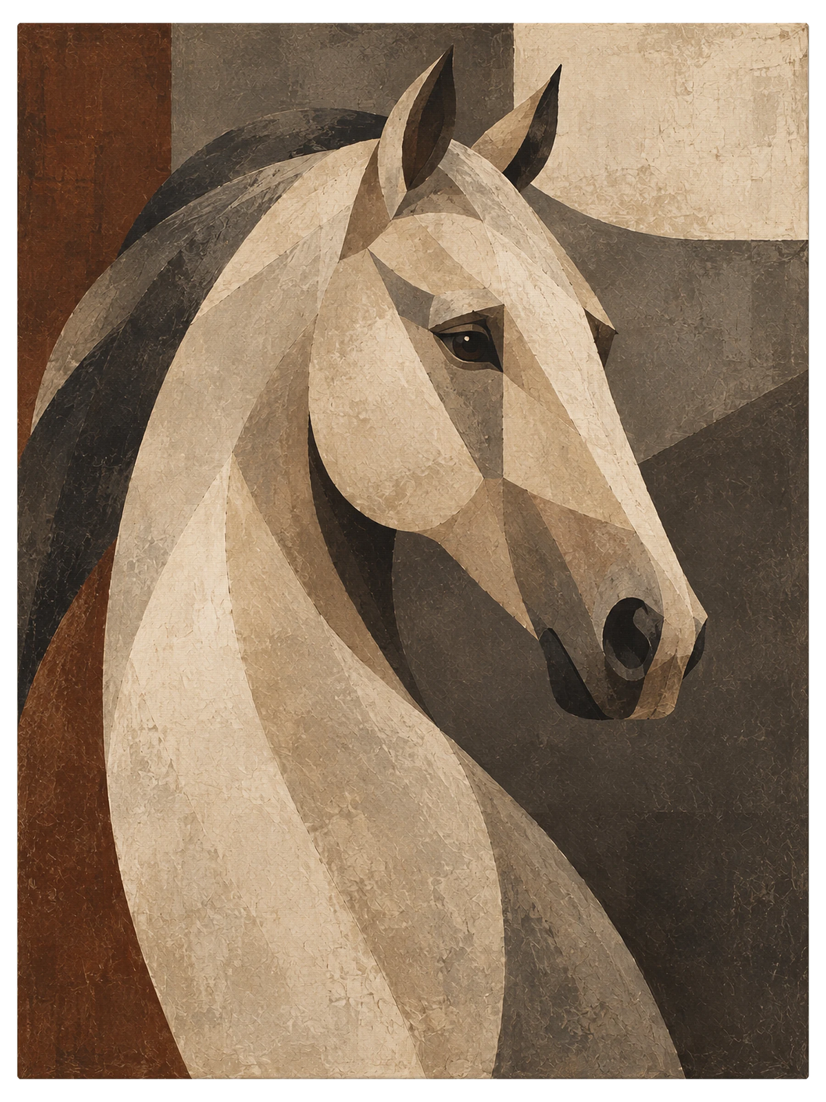 Pale horse head with both ears pricked forward and the neck arched, against a warm neutral faceted ground, shown as the object on gallery canvas, no frame