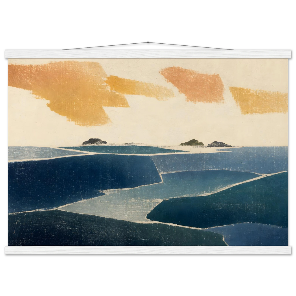 Amber and Indigo: abstract, coastline and color field. Museum-quality fine art poster.