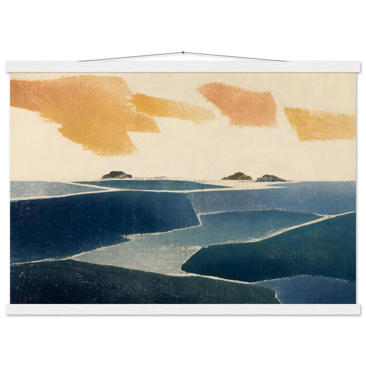 Amber and Indigo: abstract, coastline and color field. Museum-quality fine art poster.