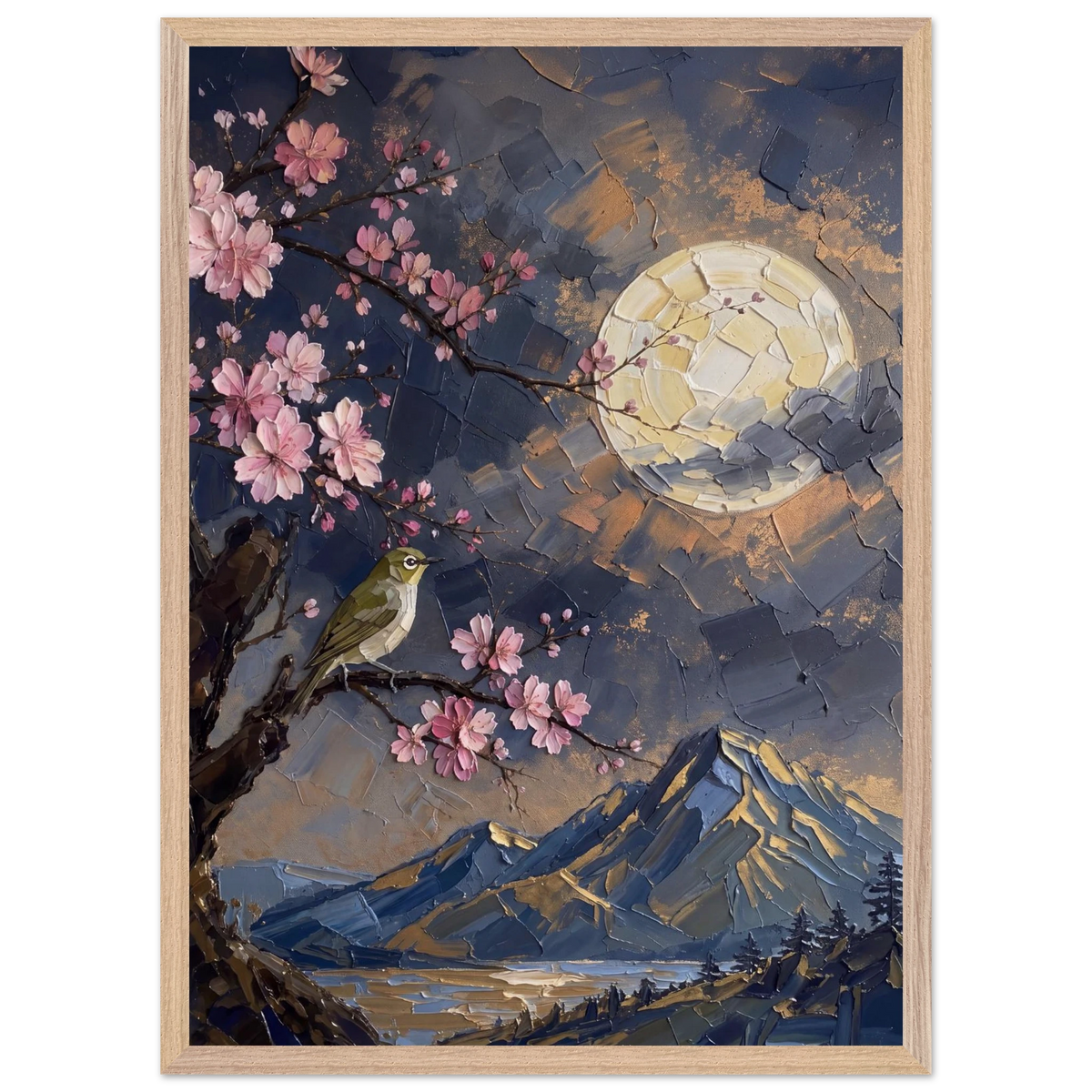 Blossom Moon: cherry blossom, japanese landscape and night. Framed fine art print by The Light Stays.