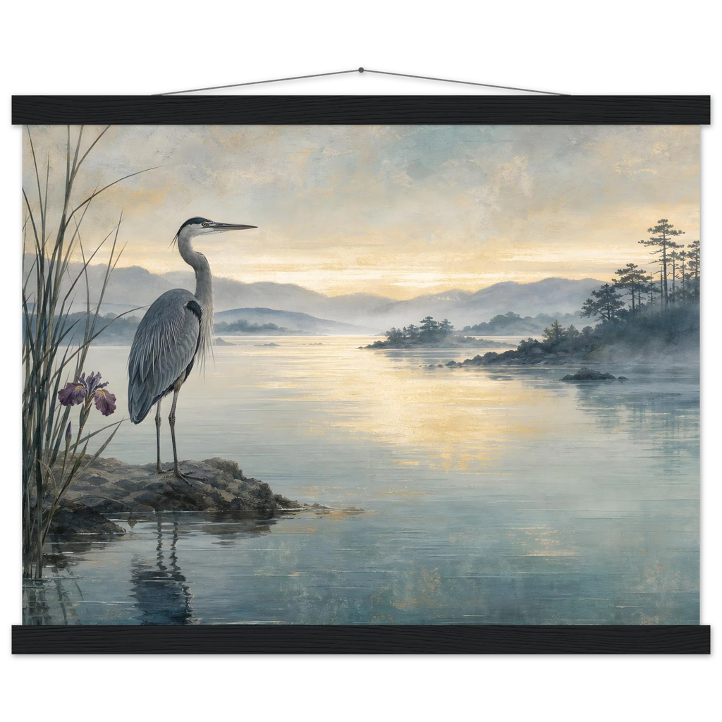 Heron at Dawn: japanese art and japandi. Fine art poster by The Light Stays.