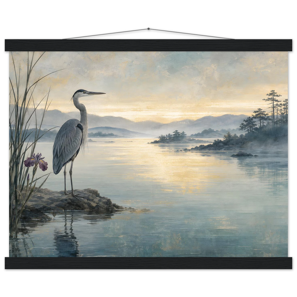 Heron at Dawn: japanese art and japandi. Fine art poster by The Light Stays.