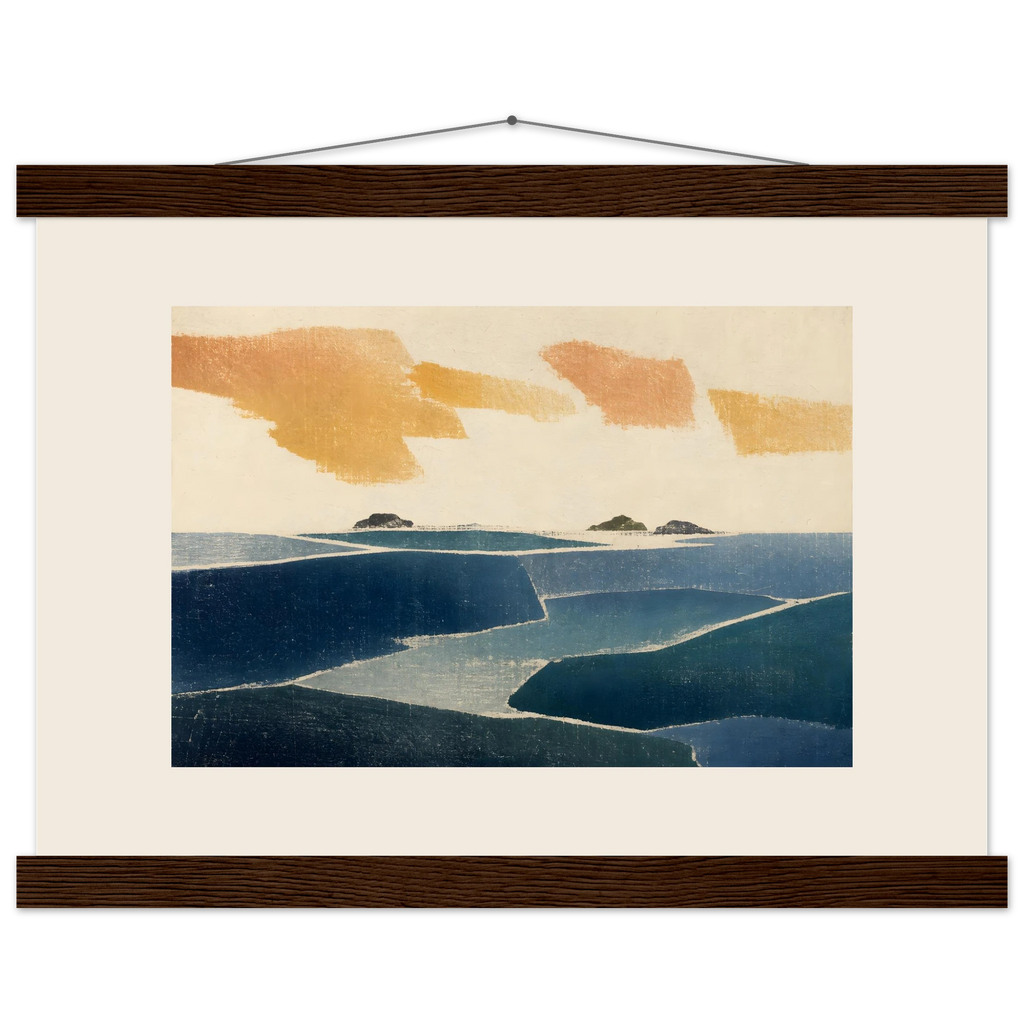 Amber and Indigo: abstract, coastline and color field. Museum-quality fine art poster.