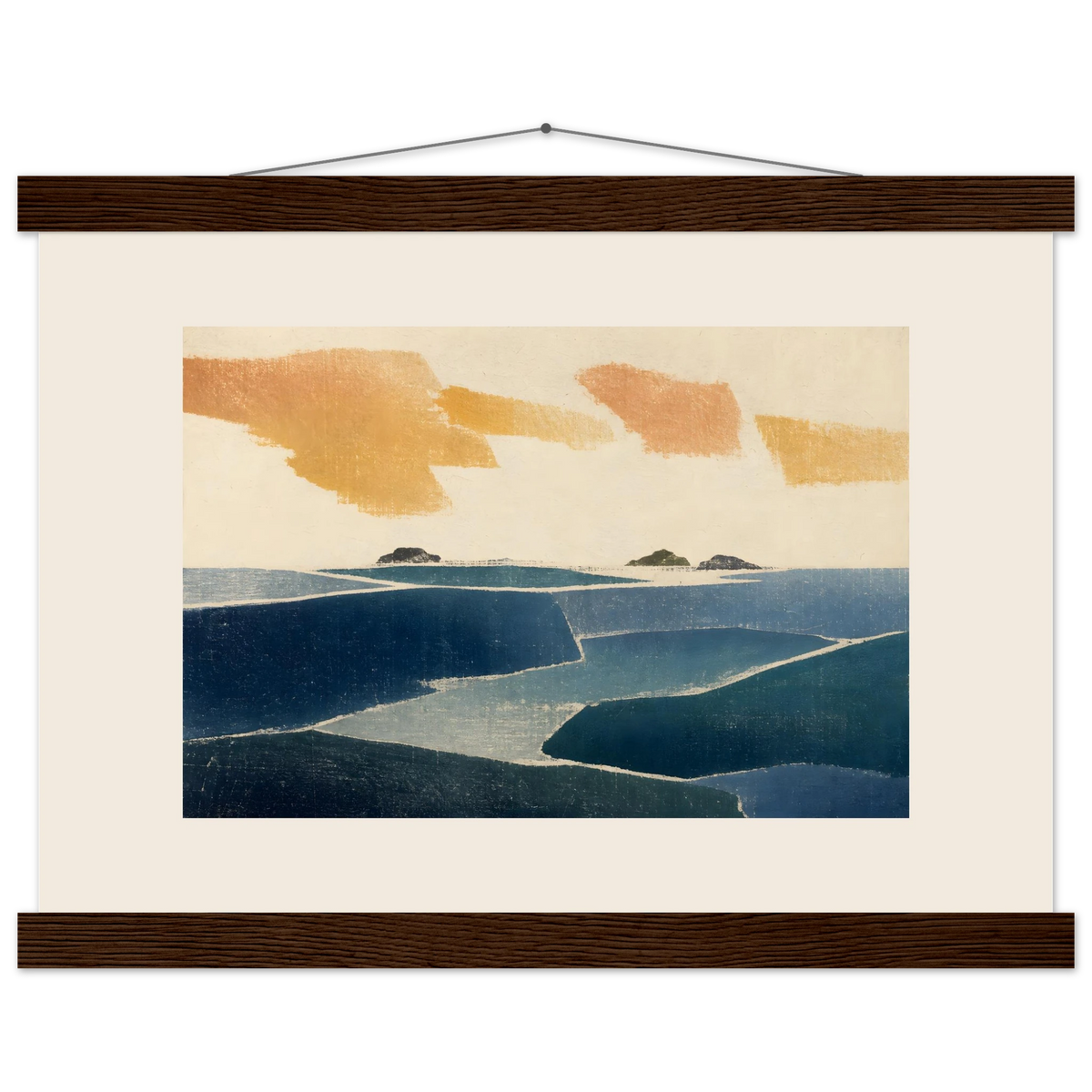 Amber and Indigo: abstract, coastline and color field. Museum-quality fine art poster.