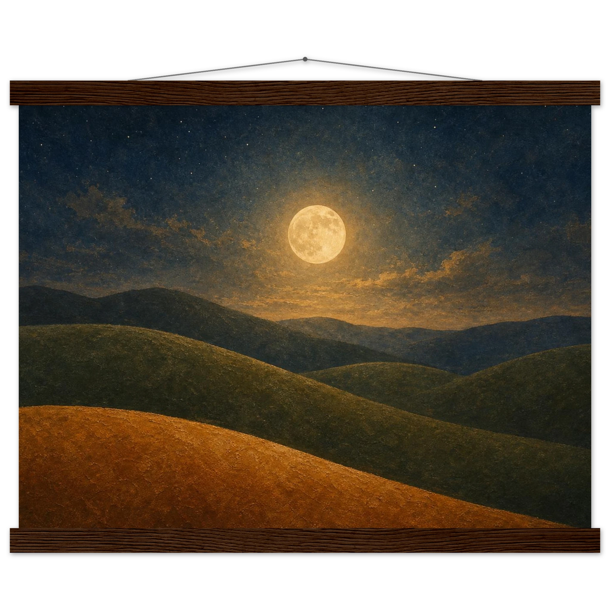 Moon Hills: night, minimalist landscape and charcoal. Fine art poster with wooden hanger by The Light Stays.