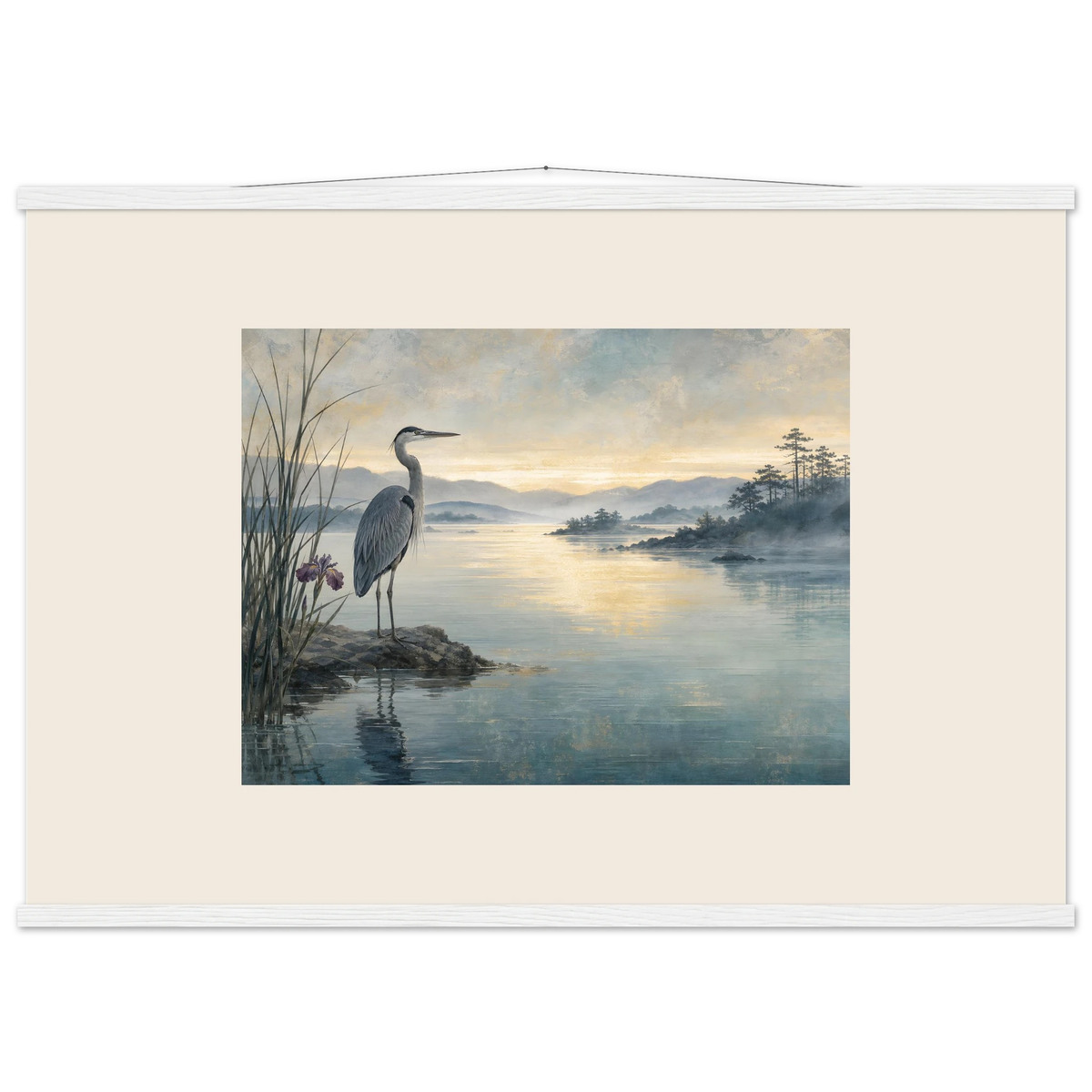 Heron at Dawn: japanese art and japandi. Museum-quality fine art poster.