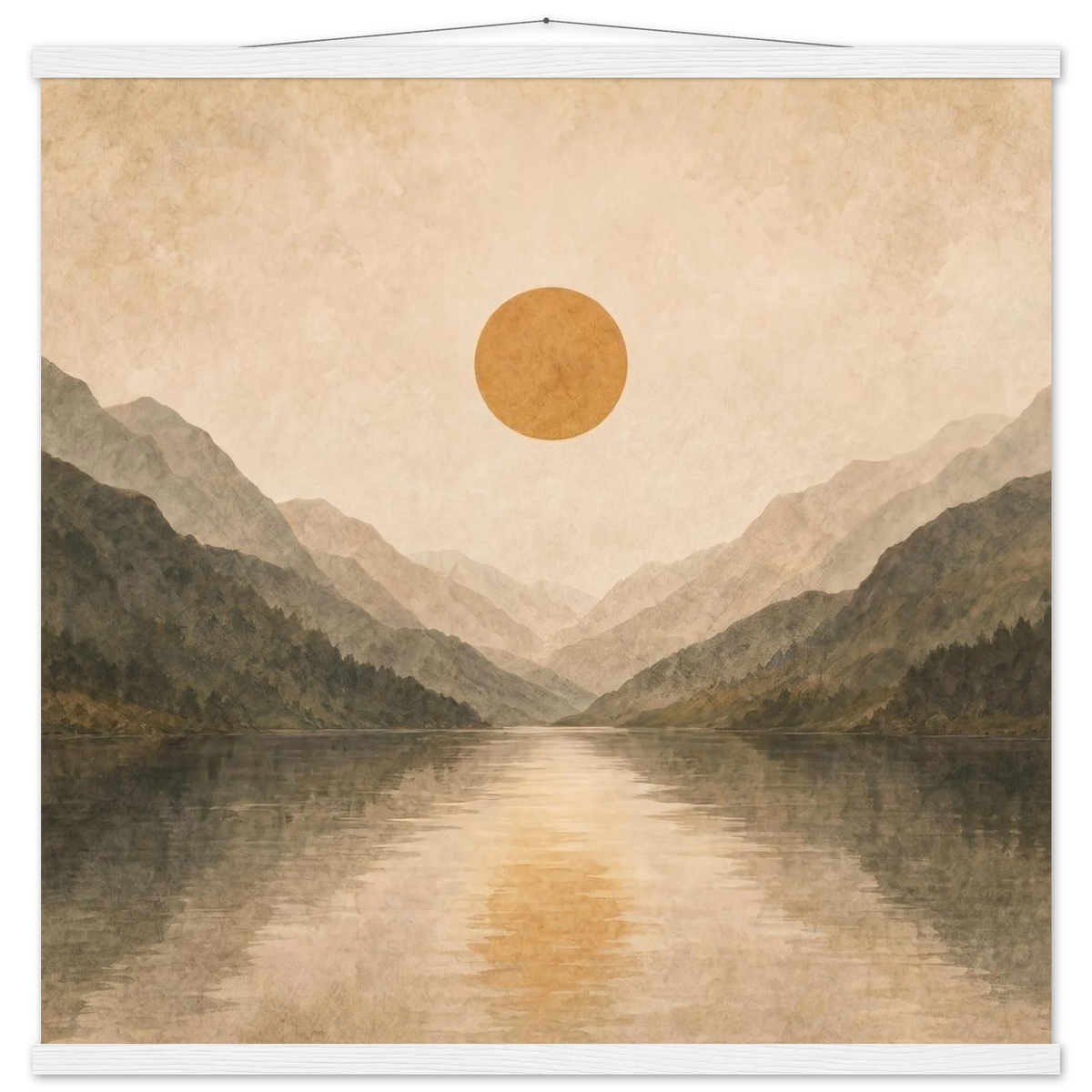 Lake Mirror: mountains, sunset and sun reflection. Fine art poster with wooden hanger by The Light Stays.