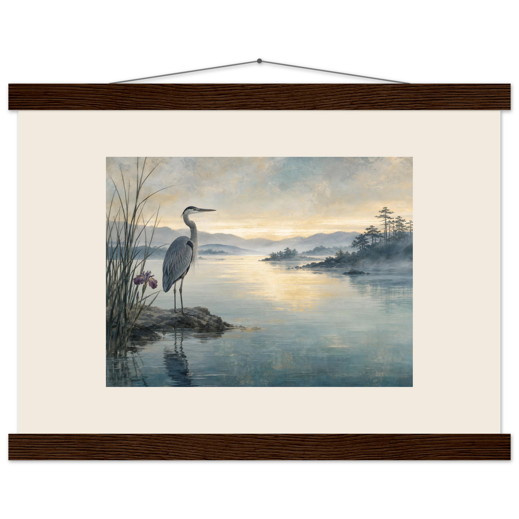 Heron at Dawn: japanese art and japandi. Fine art poster, alternate frame and size.