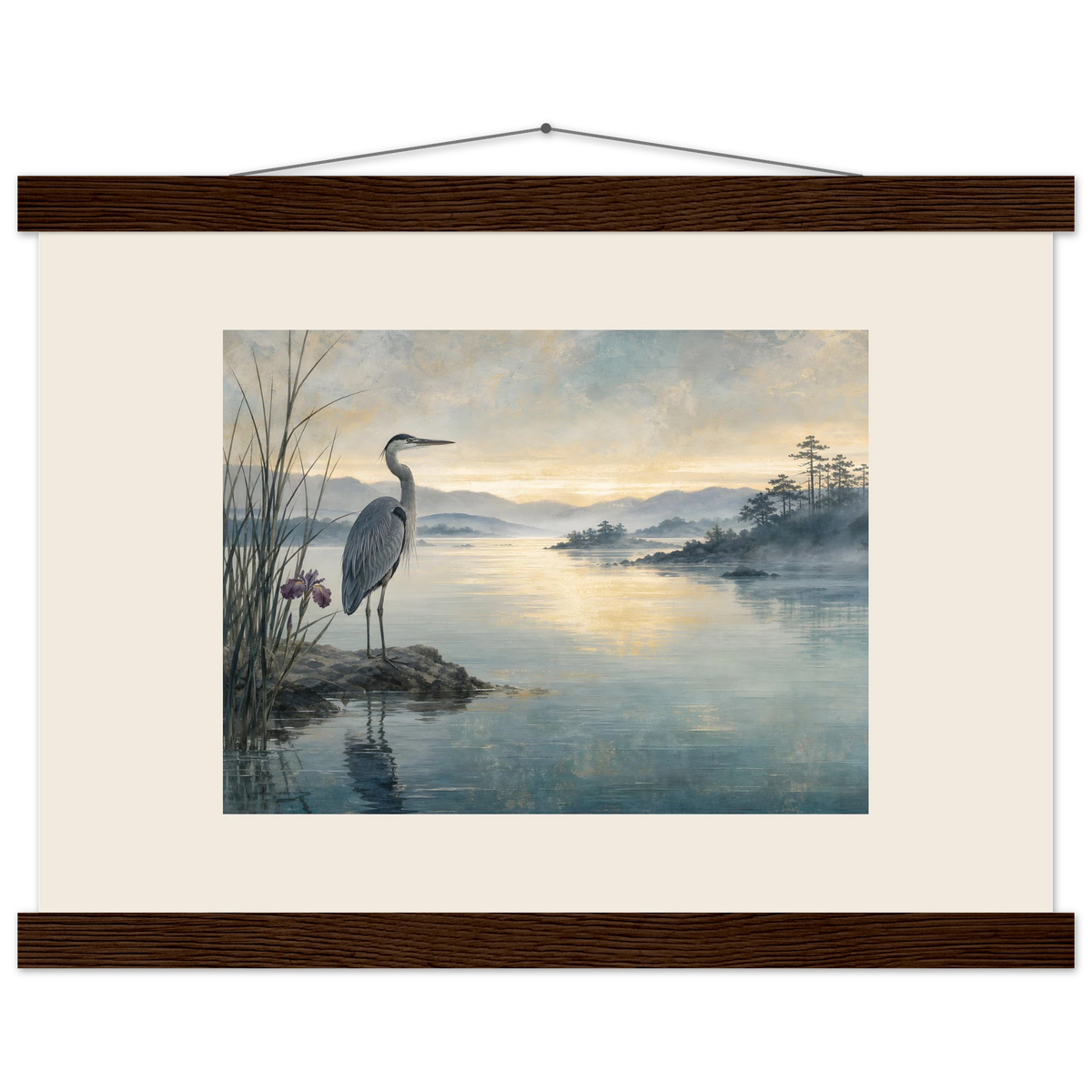 Heron at Dawn: japanese art and japandi. Fine art poster, alternate frame and size.