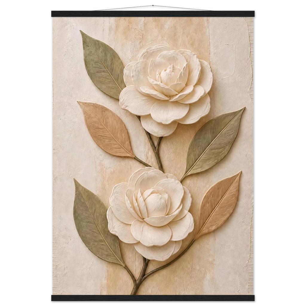 Carved Camellia: flowers and botanical. Fine art poster, alternate frame and size.