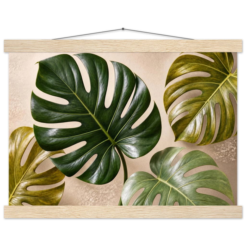 Four Greens: leaves, vivid green and impasto. Museum-quality fine art poster.