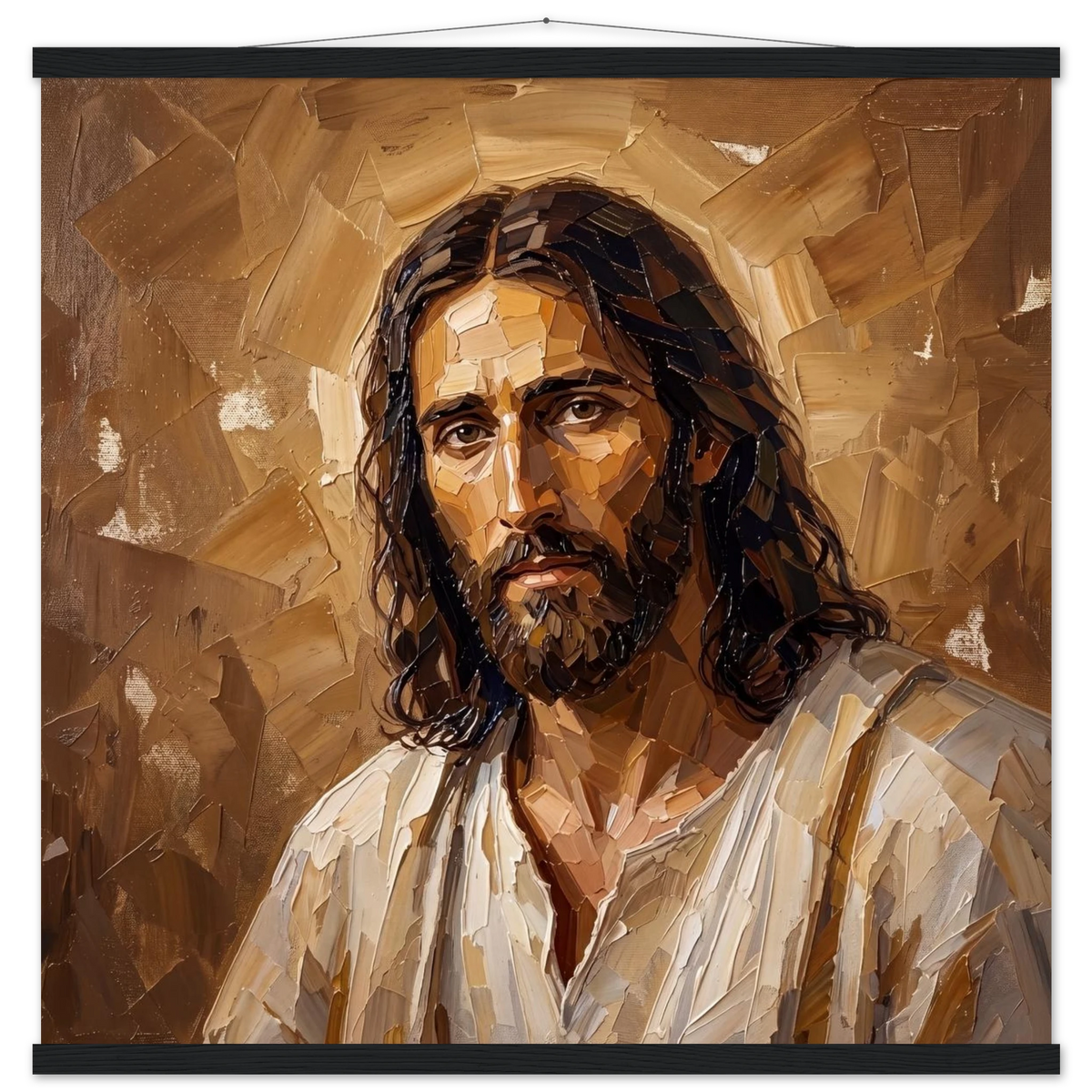 Kind Eyes: jesus, faith and serene gaze. Fine art poster with wooden hanger by The Light Stays.