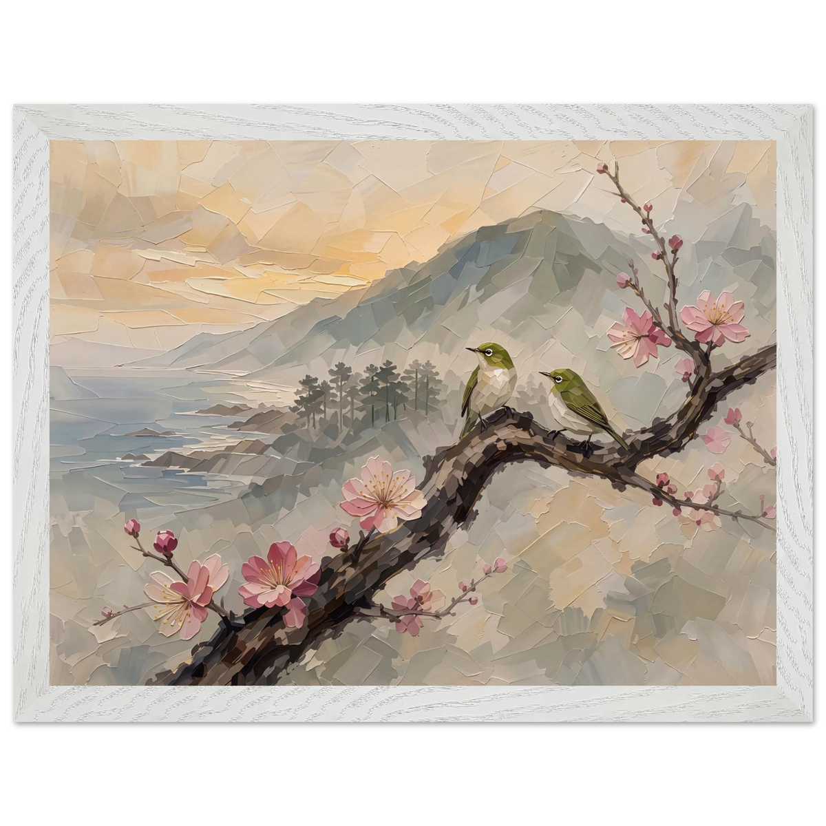 Plum Branch Pair: birds, japanese landscape and japandi. Framed fine art print by The Light Stays.