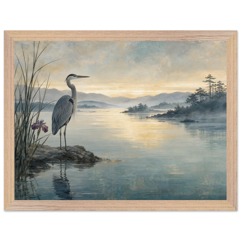 Heron at Dawn: japanese art and japandi. Framed fine art print by The Light Stays.