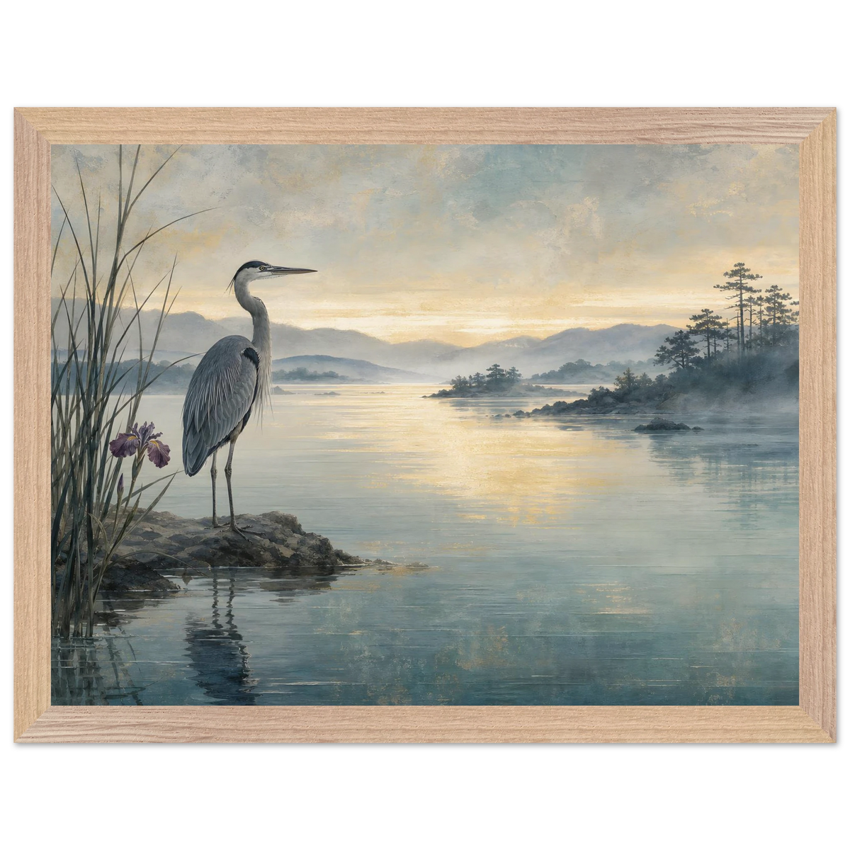 Heron at Dawn: japanese art and japandi. Framed fine art print by The Light Stays.
