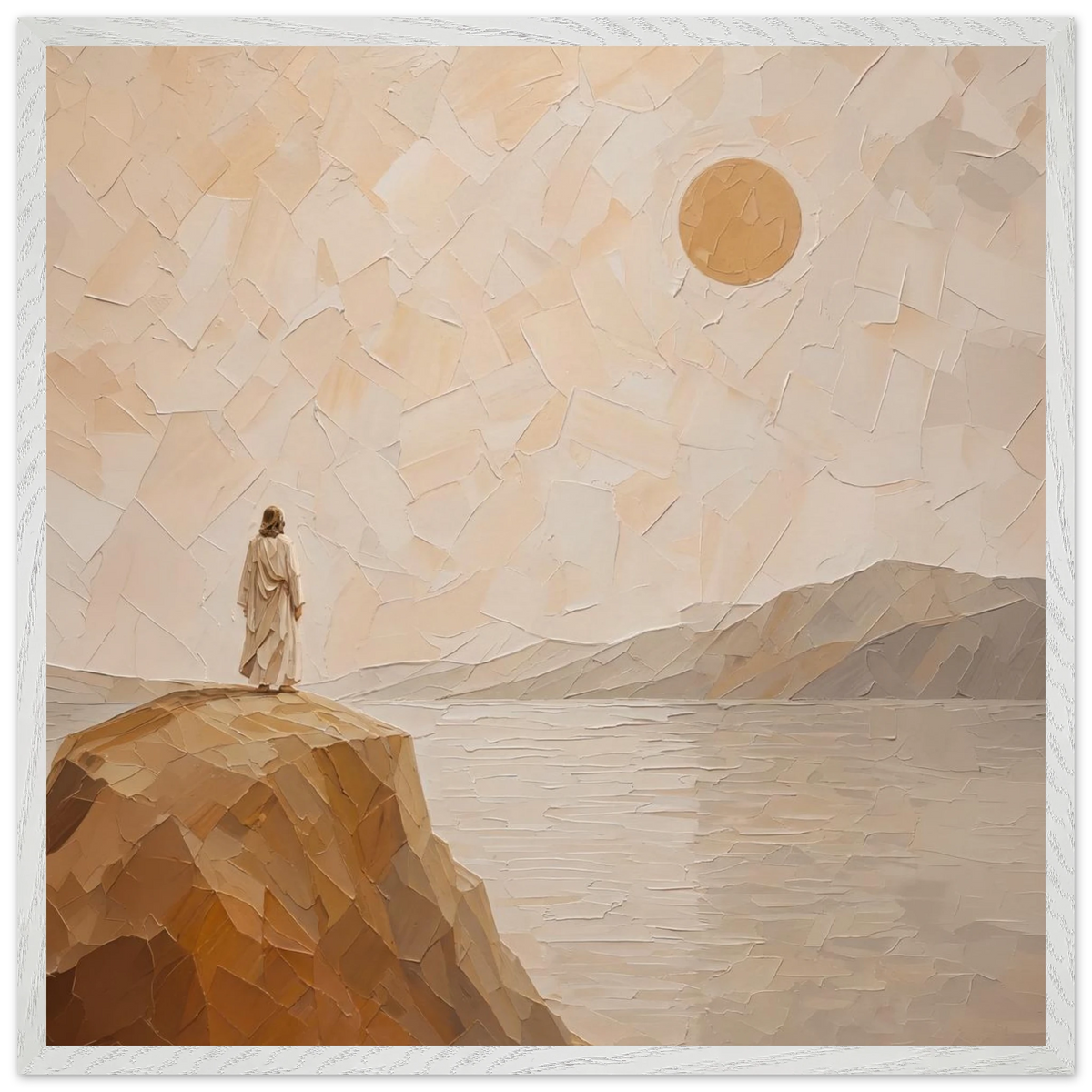 Salt Shore: jesus, cliff and sea. Framed fine art print by The Light Stays.