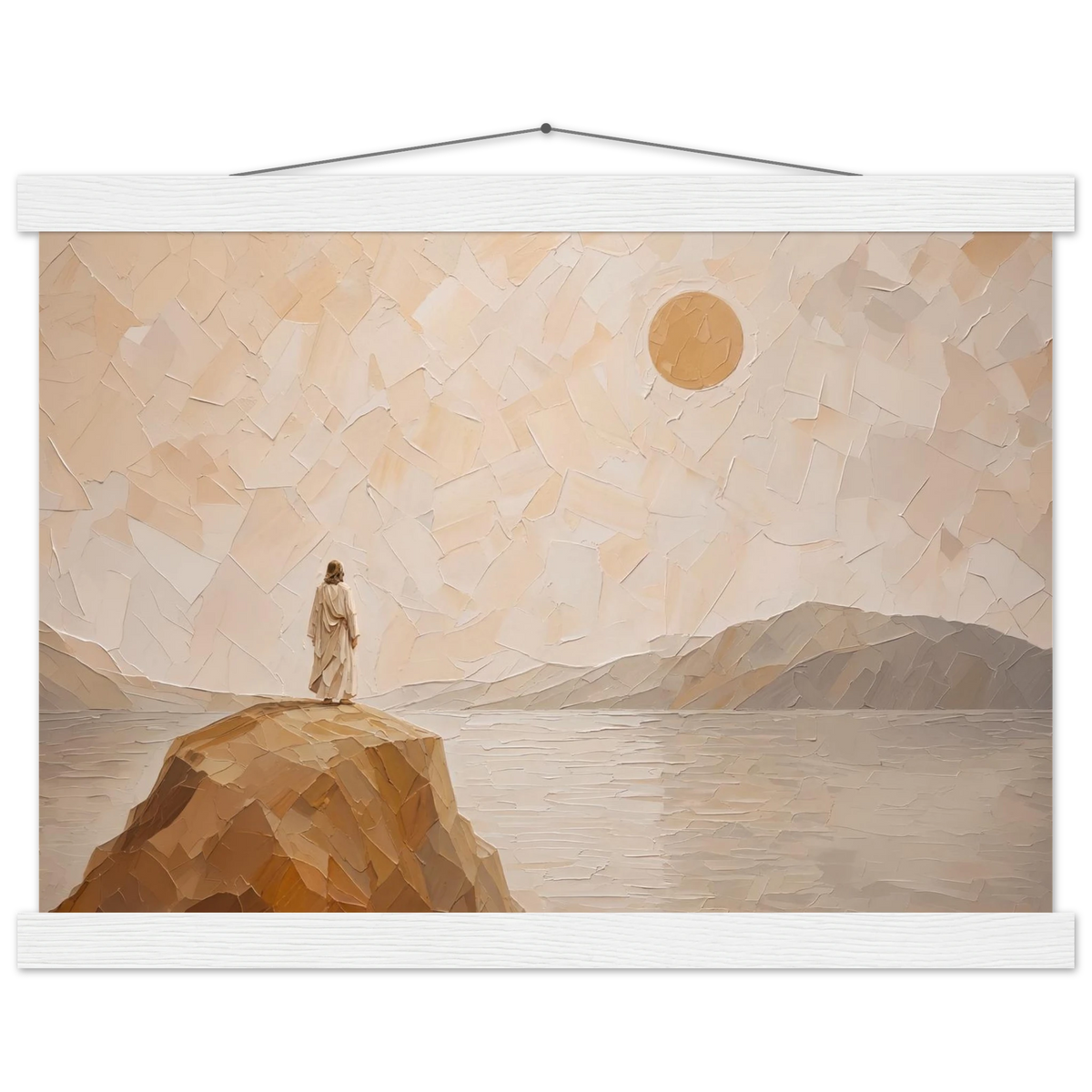 Salt Shore: jesus, cliff and sea. Fine art poster with wooden hanger by The Light Stays.