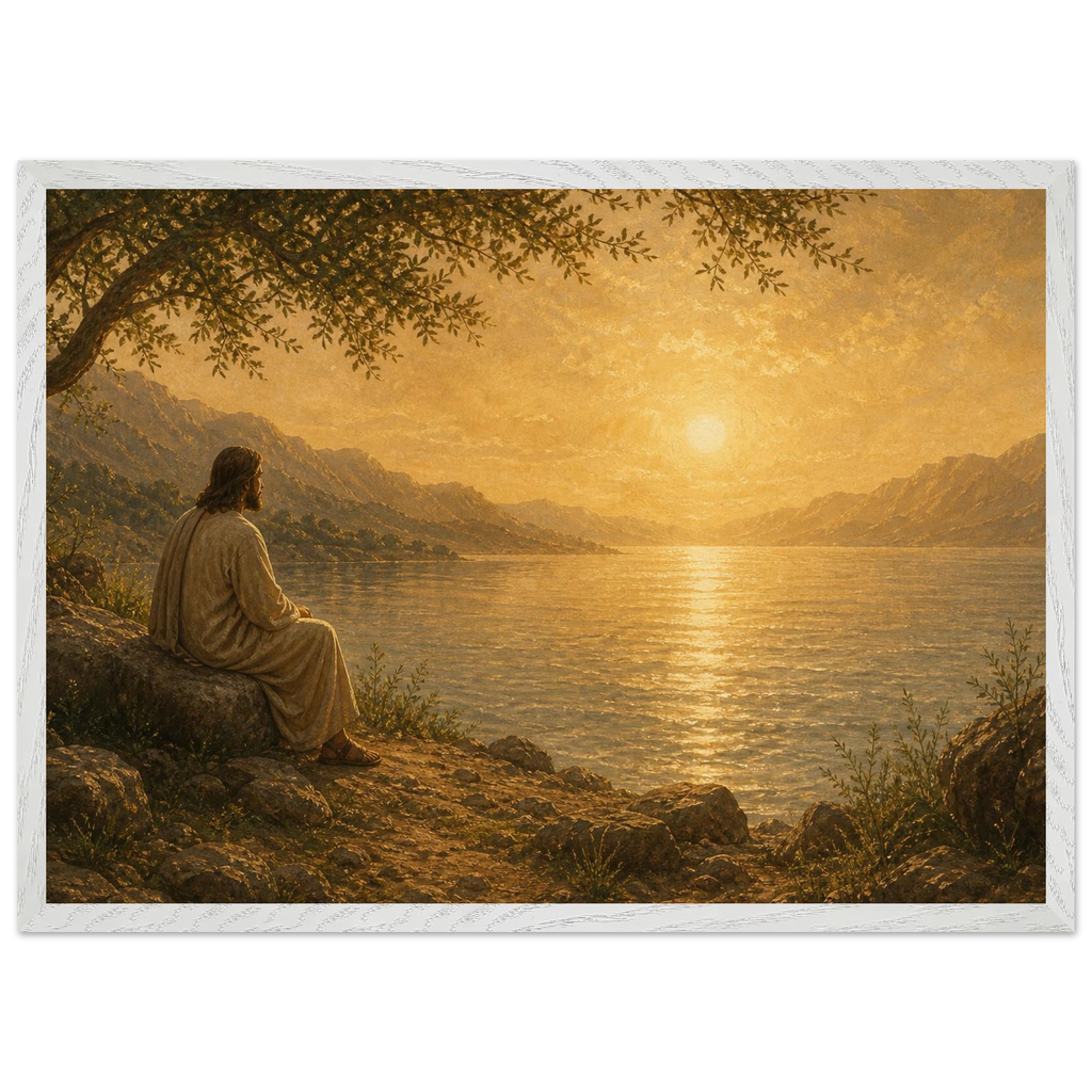 Quadro cristão Bênção do Lago, Jesus sob uma oliveira diante de um lago dourado