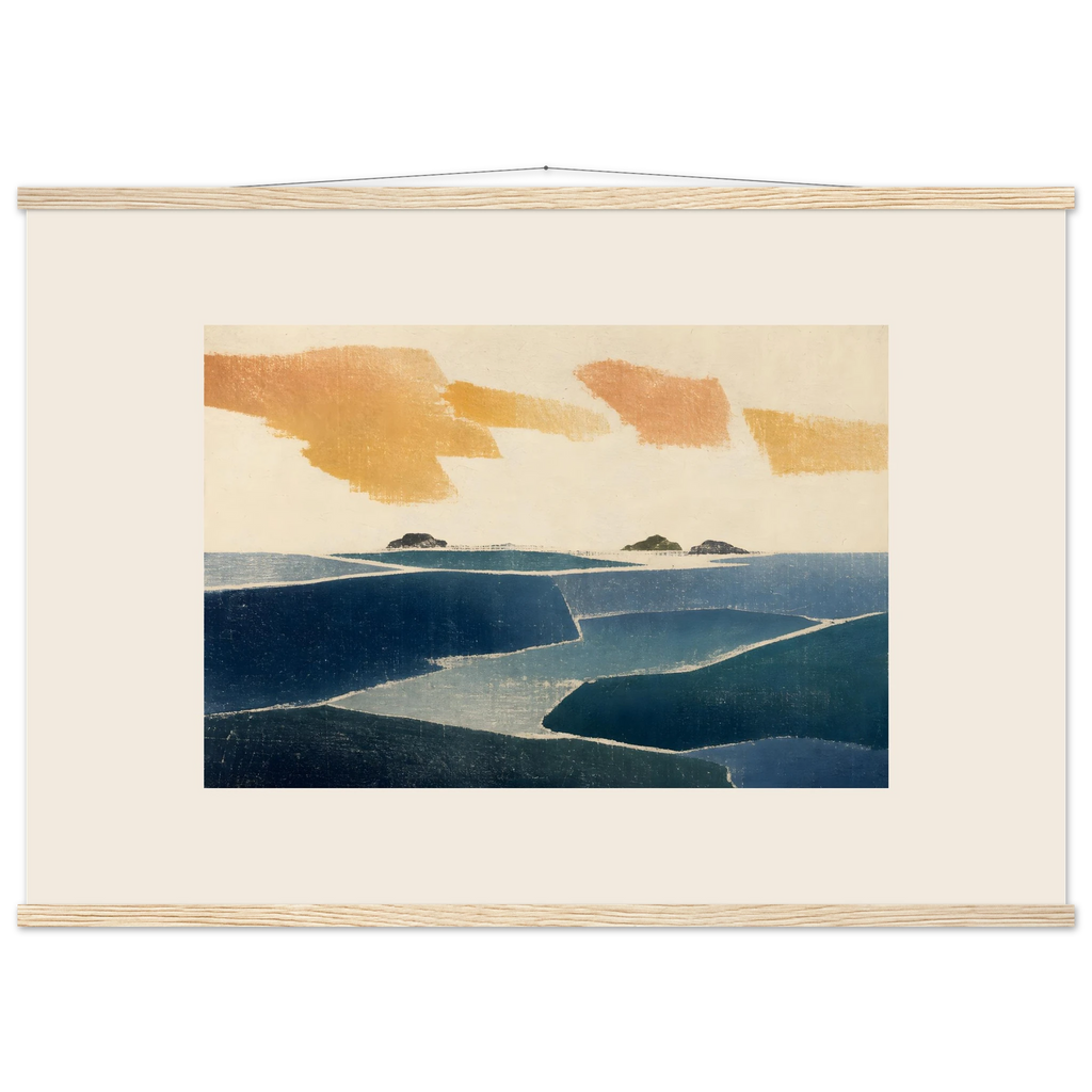 Amber and Indigo, abstract, coastline and color field. Archival fine art poster shown framed.