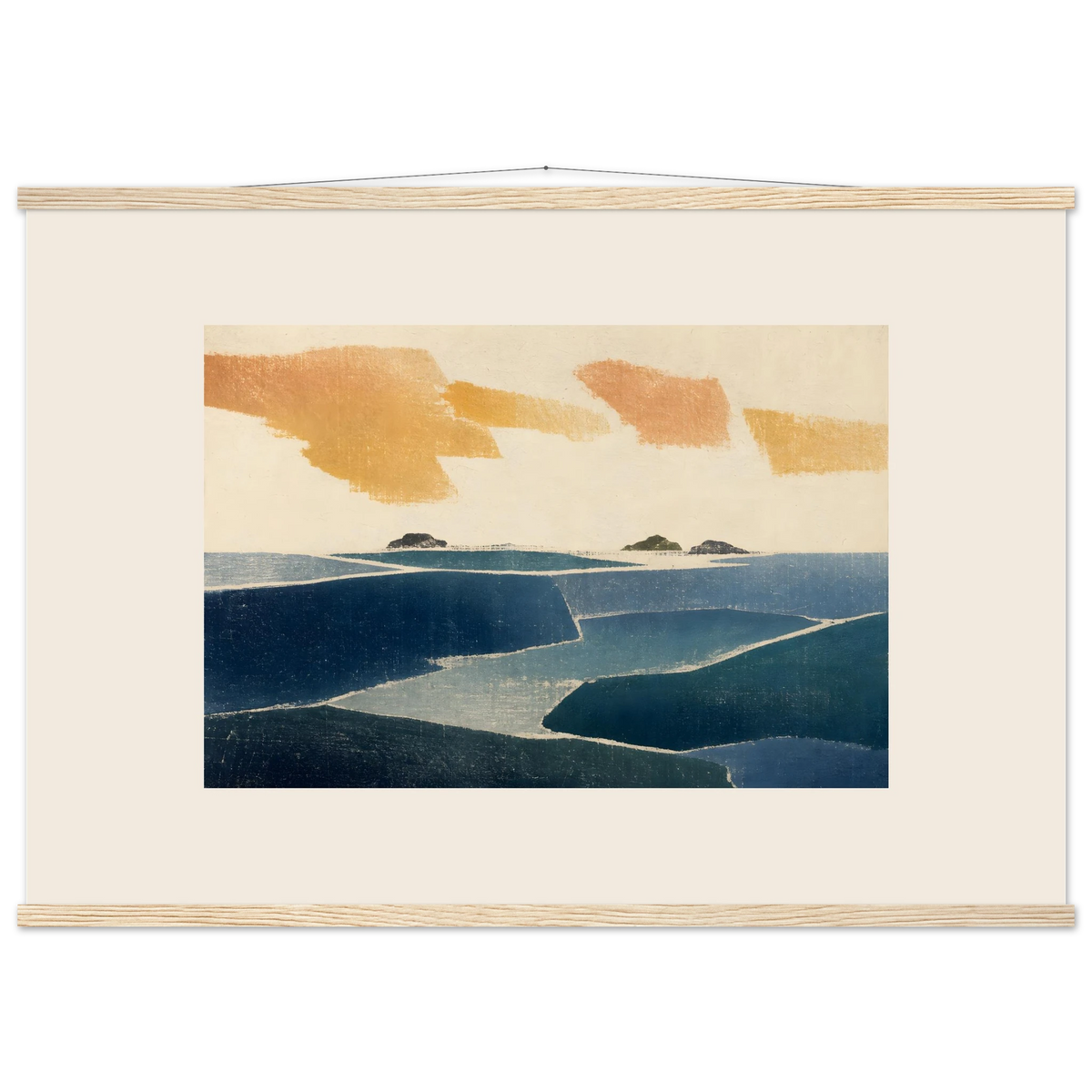 Amber and Indigo, abstract, coastline and color field. Archival fine art poster shown framed.