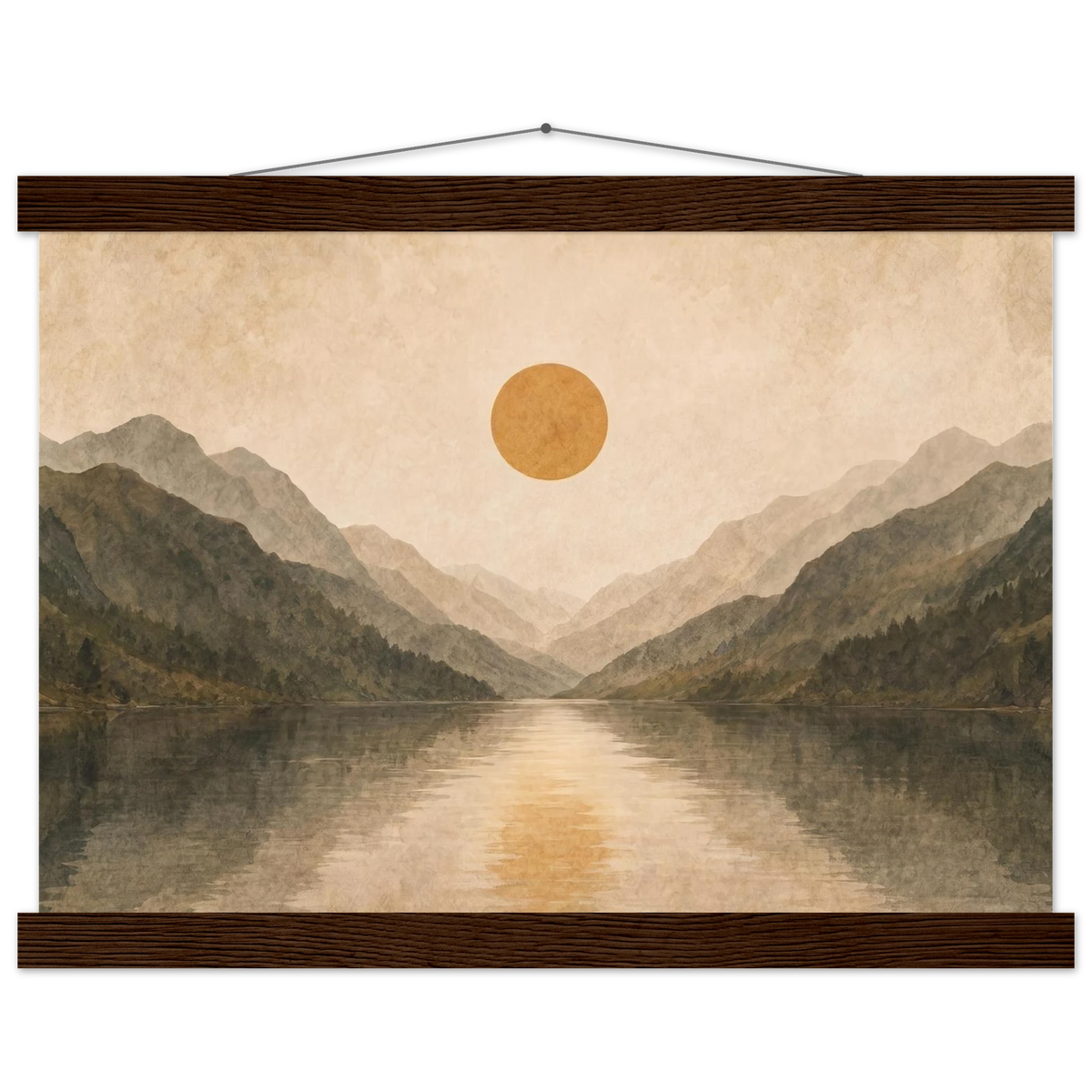 Lake Mirror: mountains, sunset and sun reflection. Fine art poster with wooden hanger by The Light Stays.