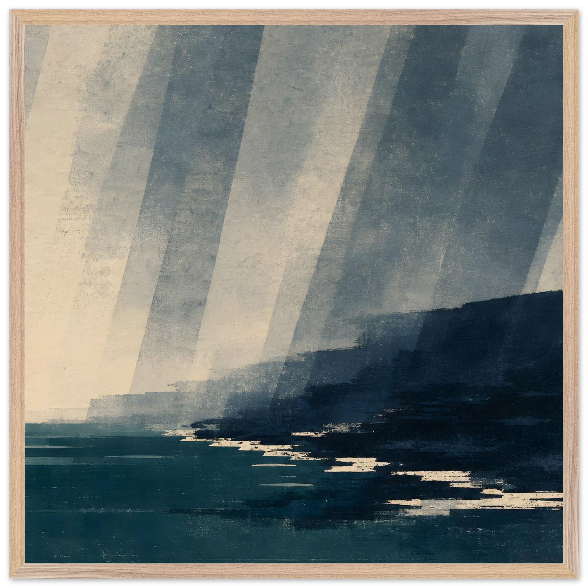 Rain Coast: japandi, teal blue and atmosphere. Framed fine art print by The Light Stays.