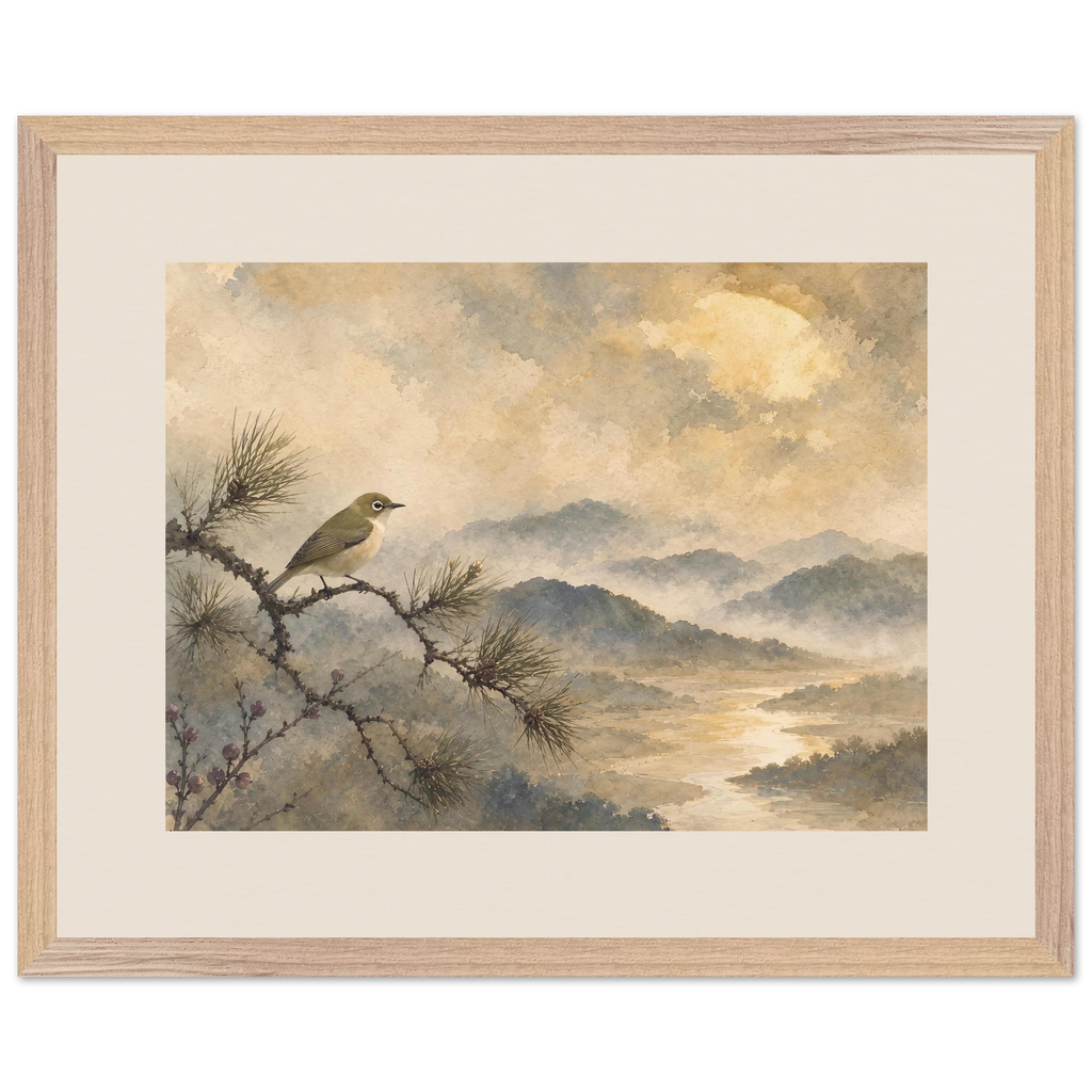Golden Moon Bird: japanese art and japandi. Museum-quality framed fine art print.