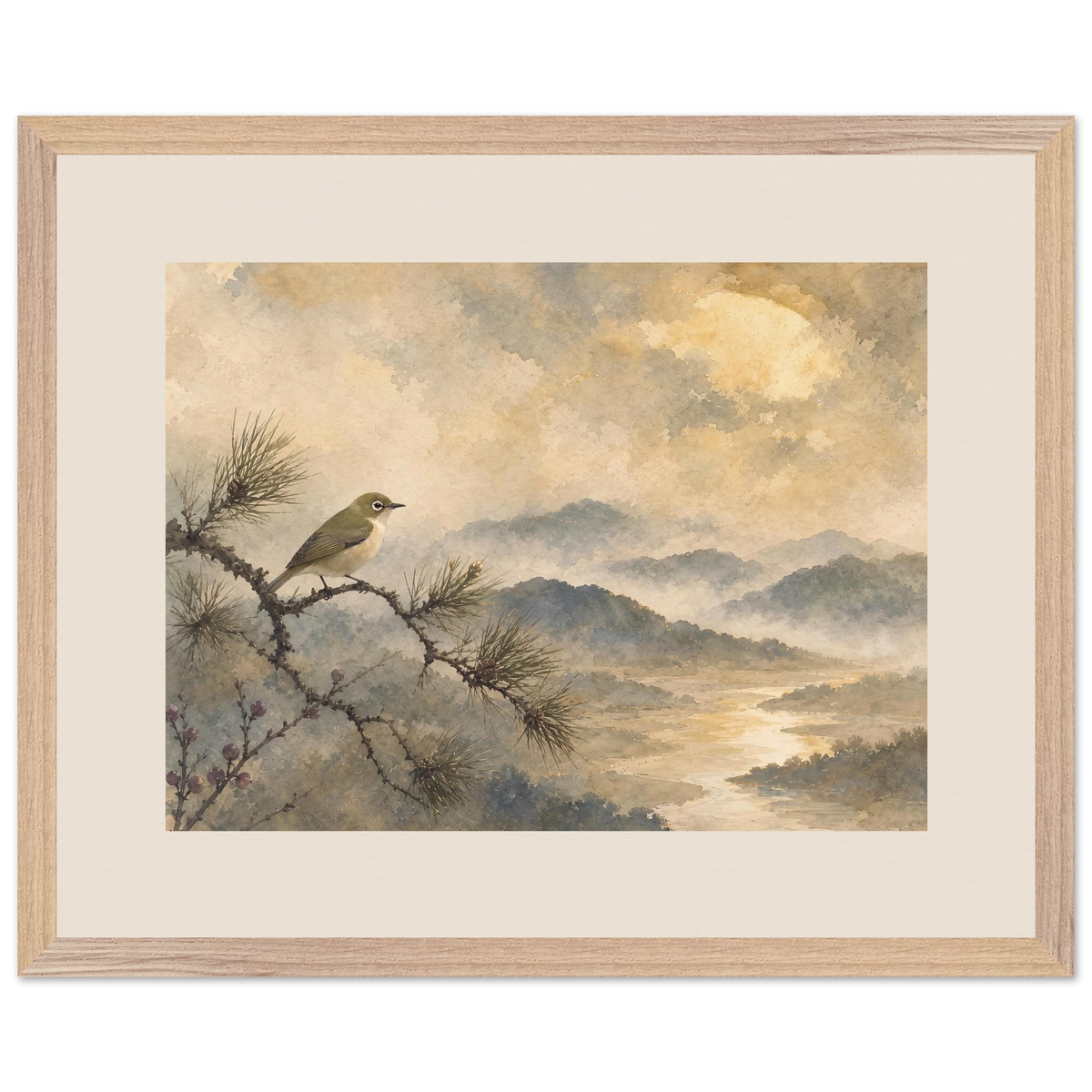 Golden Moon Bird: japanese art and japandi. Museum-quality framed fine art print.