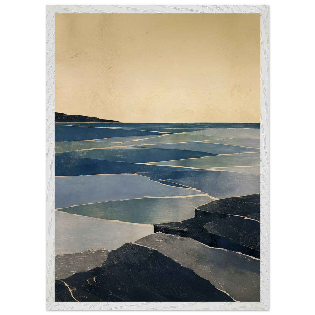 Indigo Tide: coastal landscape, jade water and japandi. Framed fine art print by The Light Stays.