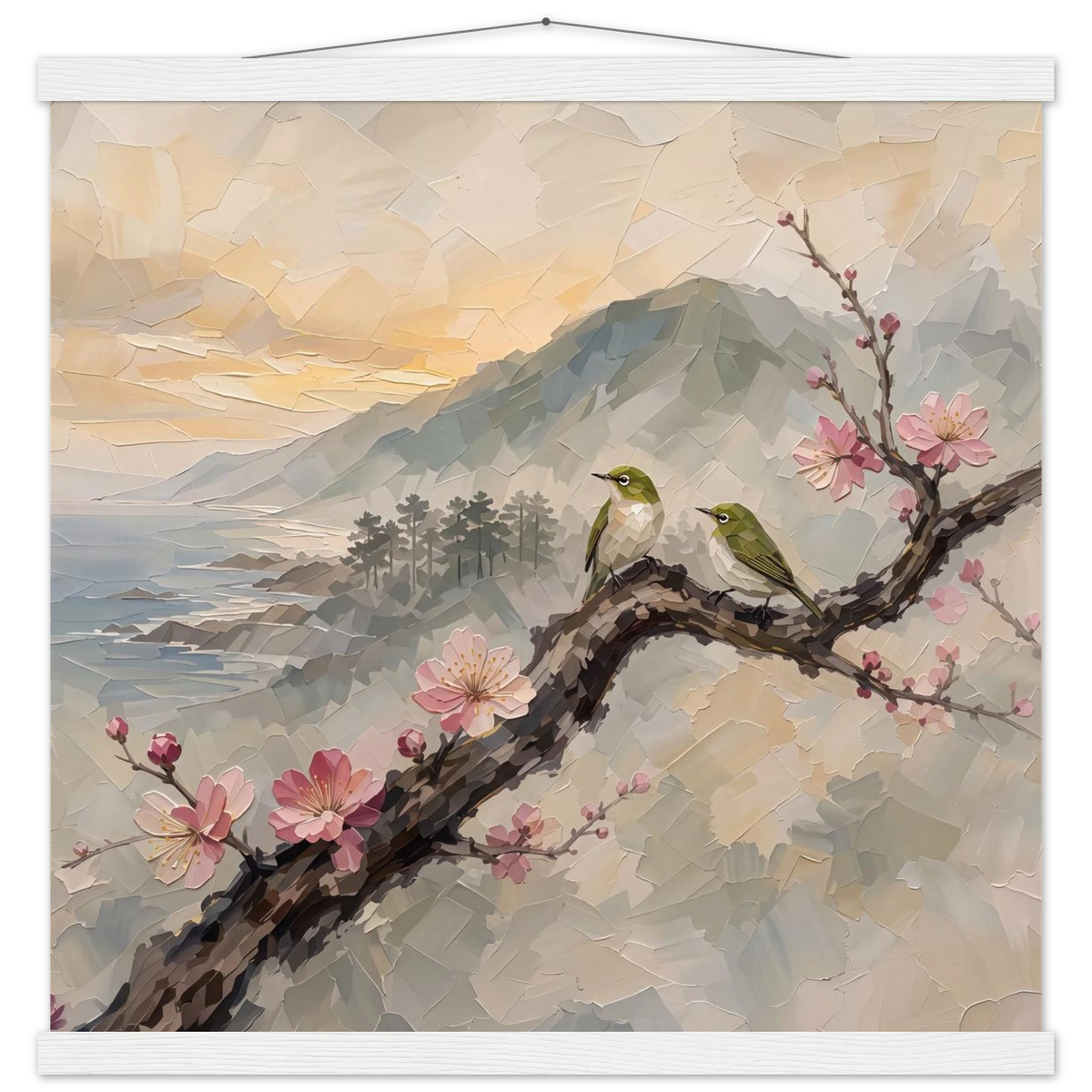 Plum Branch Pair: birds, japanese landscape and japandi. Fine art poster with wooden hanger by The Light Stays.