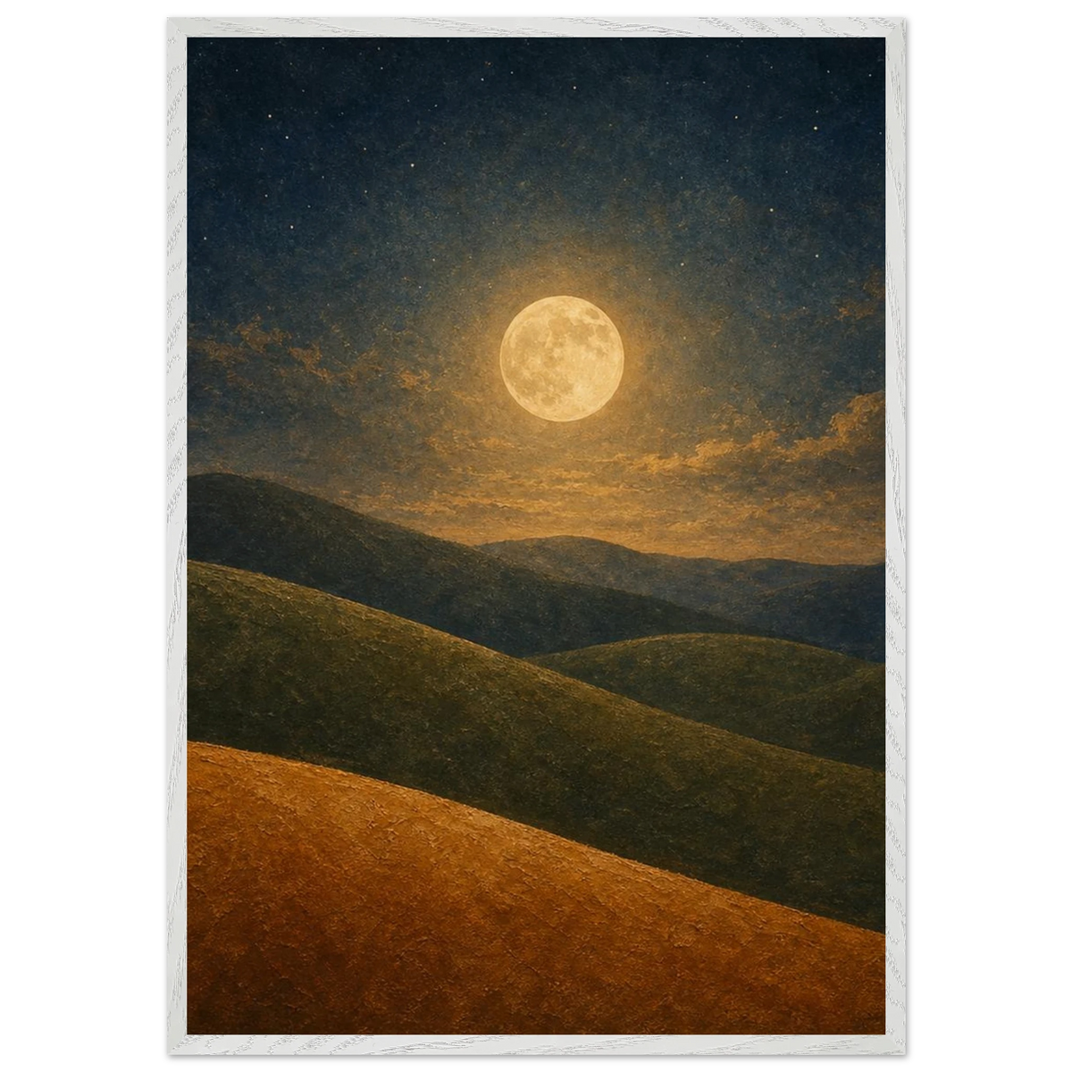 Moon Hills: night, minimalist landscape and charcoal. Framed fine art print by The Light Stays.