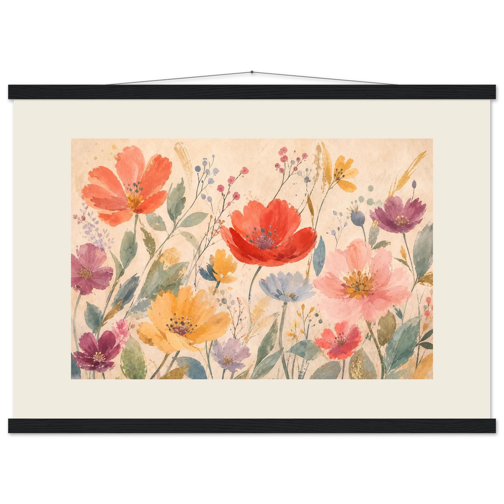 Floral Rhythm, flowers and botanical. Archival fine art poster shown framed.