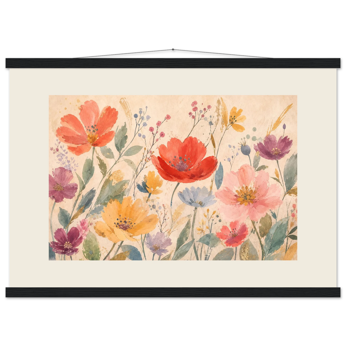 Floral Rhythm, flowers and botanical. Archival fine art poster shown framed.