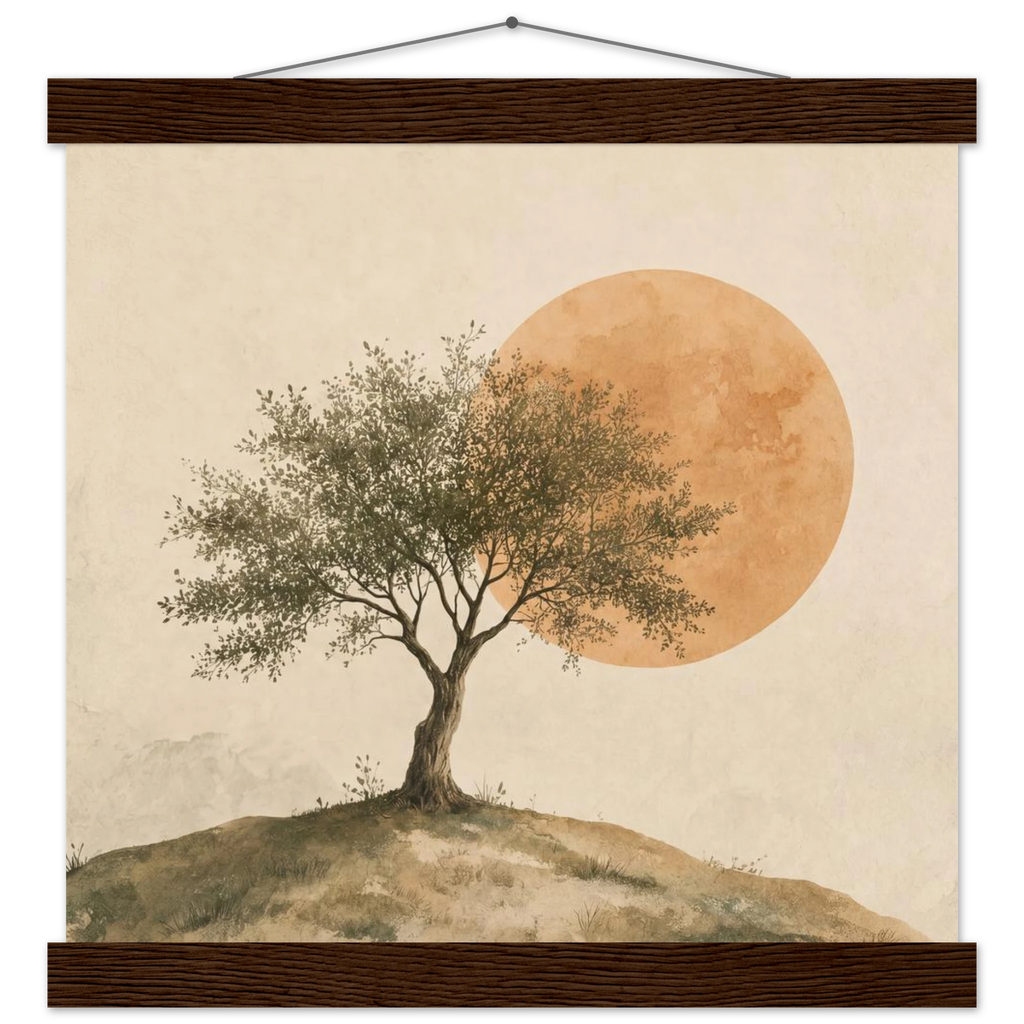 Pôster Olive Noon com suporte de madeira, oliveira diante de grande sol âmbar