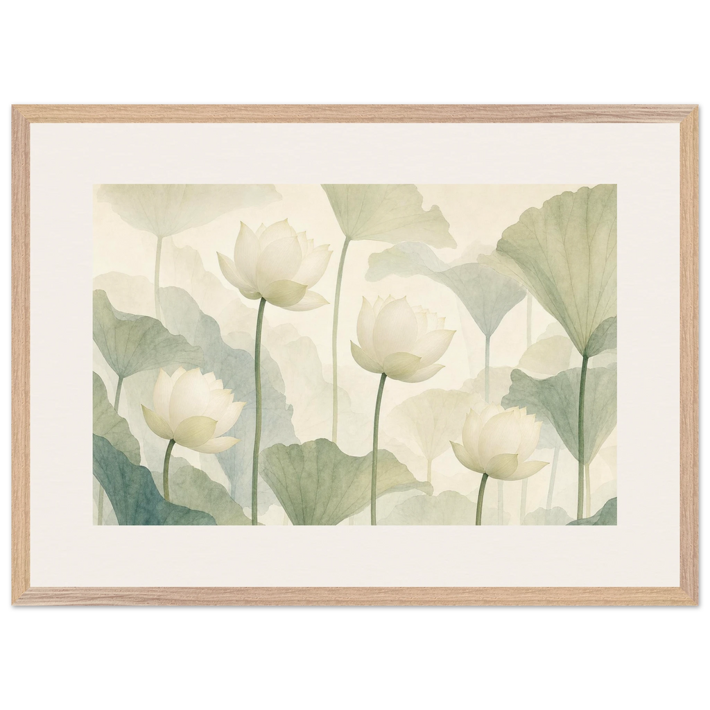 Ivory Lotus Screen: flowers and botanical. Museum-quality framed fine art print.