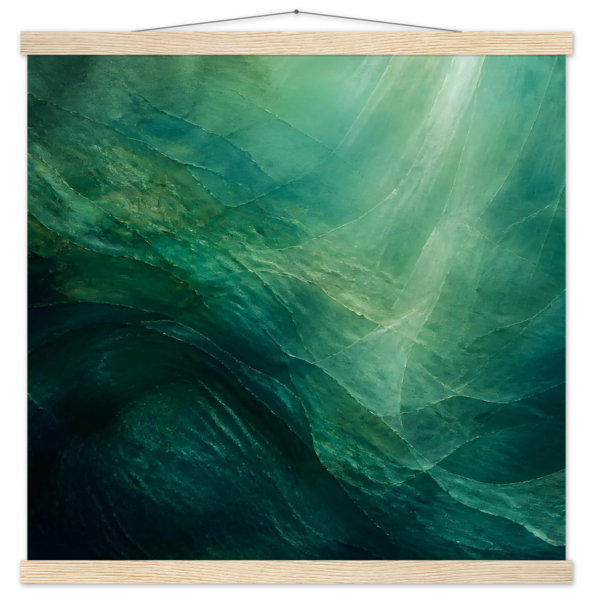 Jade Undertow: ocean, marine abstract and mineral green. Fine art poster with wooden hanger by The Light Stays.