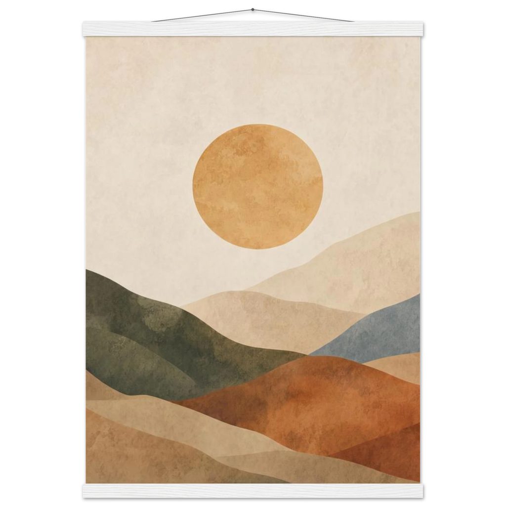 Pôster Clay Sun com suporte de madeira, sol quente sobre colinas em tons de terra