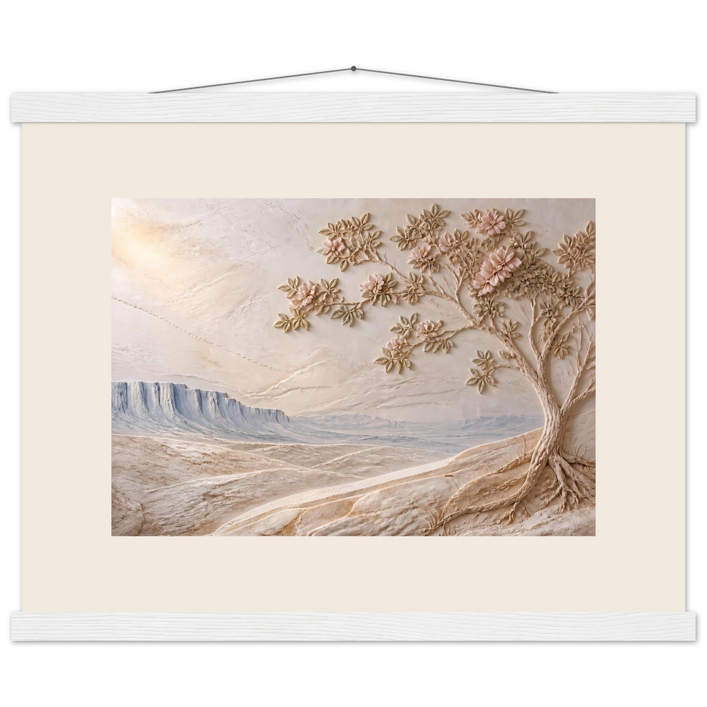 Cliffside Bloom: petra and flora. Museum-quality fine art poster.