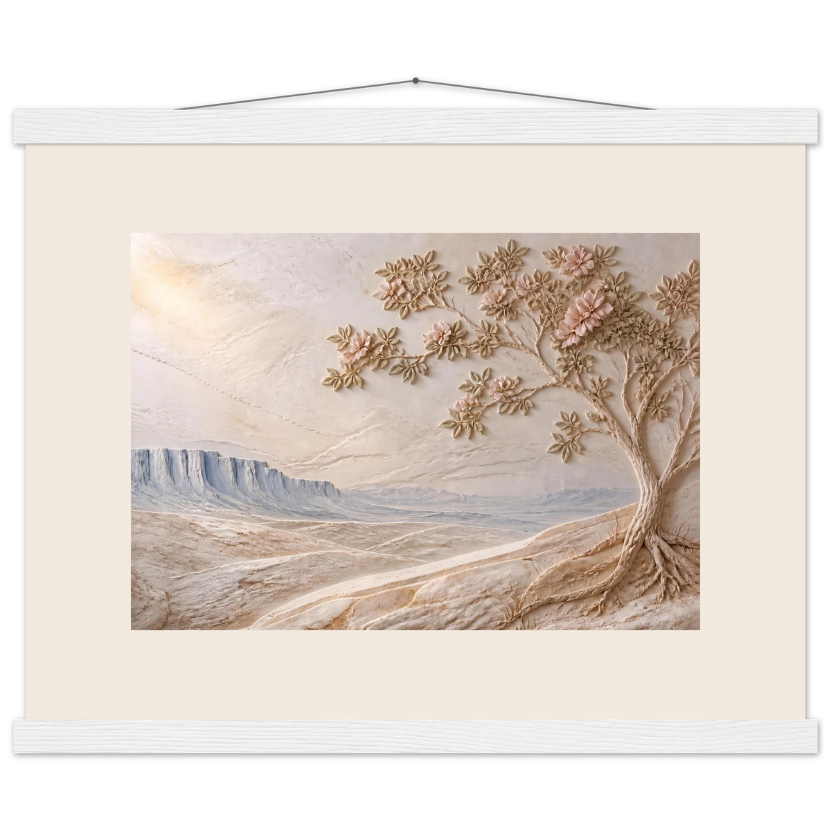 Cliffside Bloom: petra and flora. Museum-quality fine art poster.