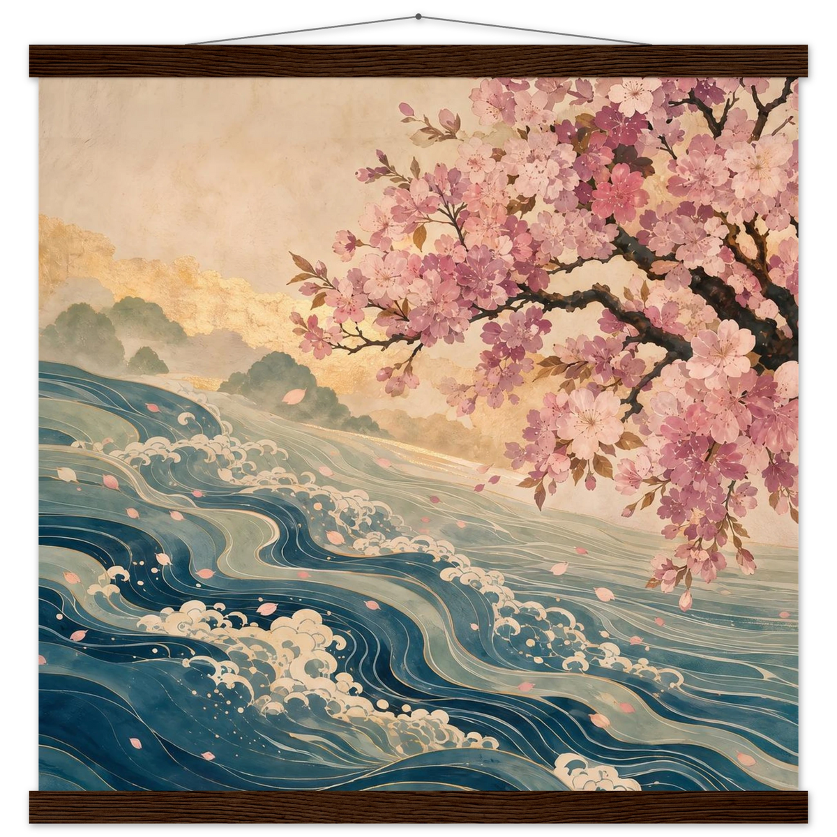 Blossom Tide: japanese art, cherry blossom and wave. Fine art poster with wooden hanger by The Light Stays.