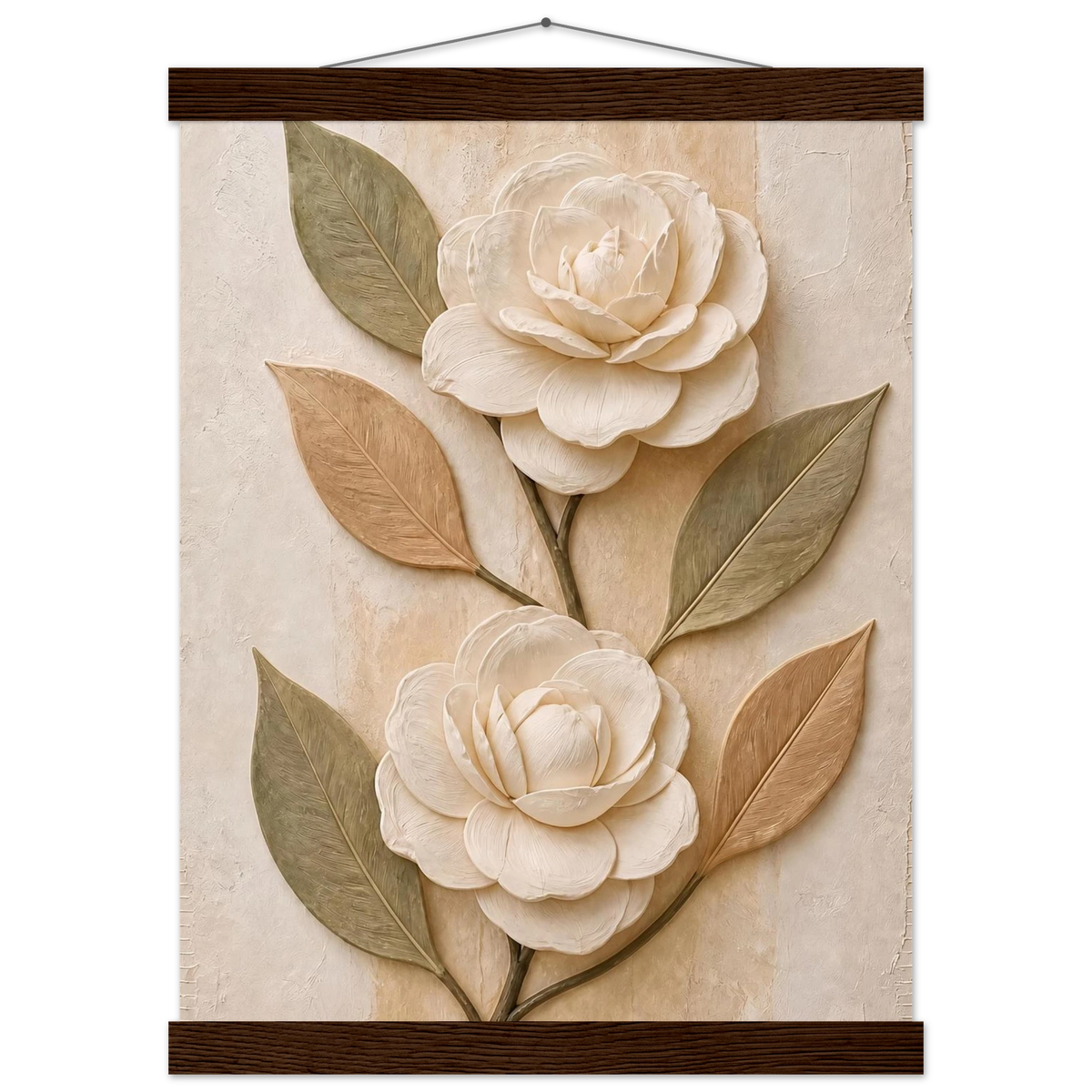 Carved Camellia, flowers and botanical. Archival fine art poster shown framed.