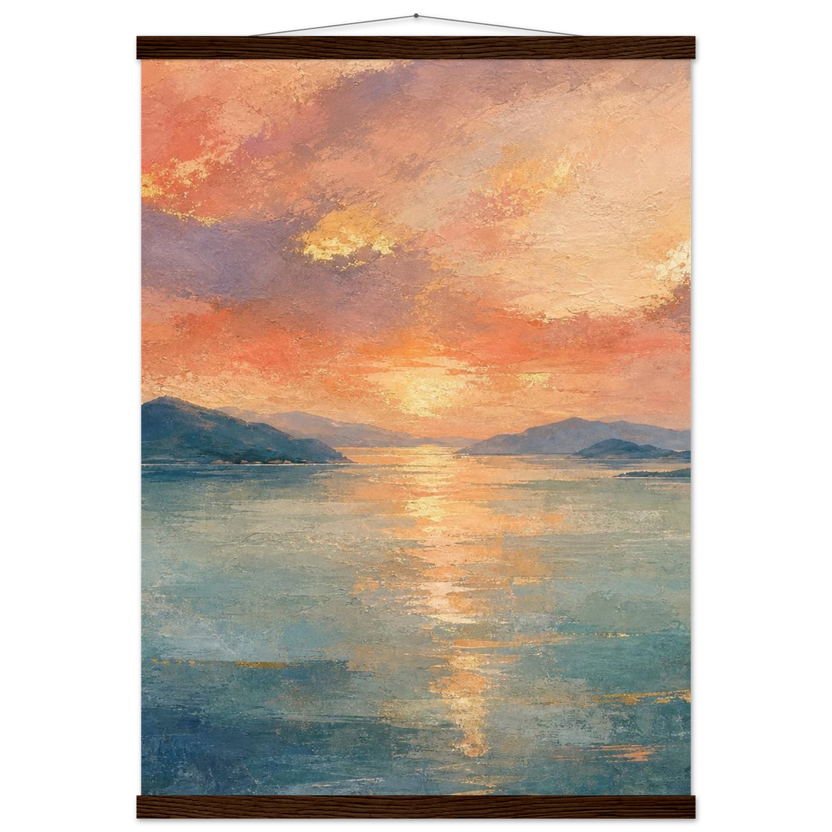 Setouchi Peach Dawn: inland sea, islands and golden reflection. Fine art poster with wooden hanger by The Light Stays.