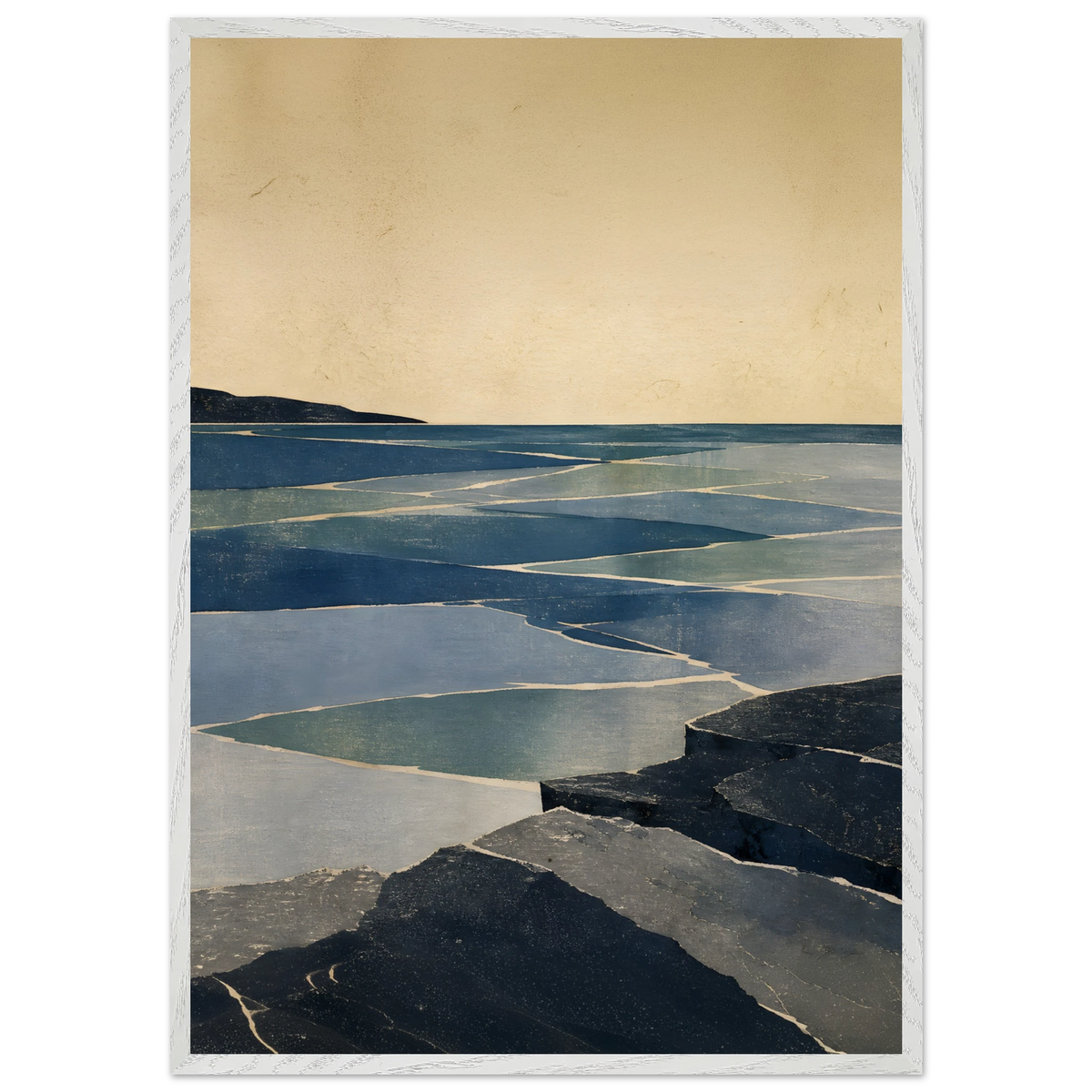 Indigo Tide: coastal landscape, jade water and japandi. Framed fine art print by The Light Stays.